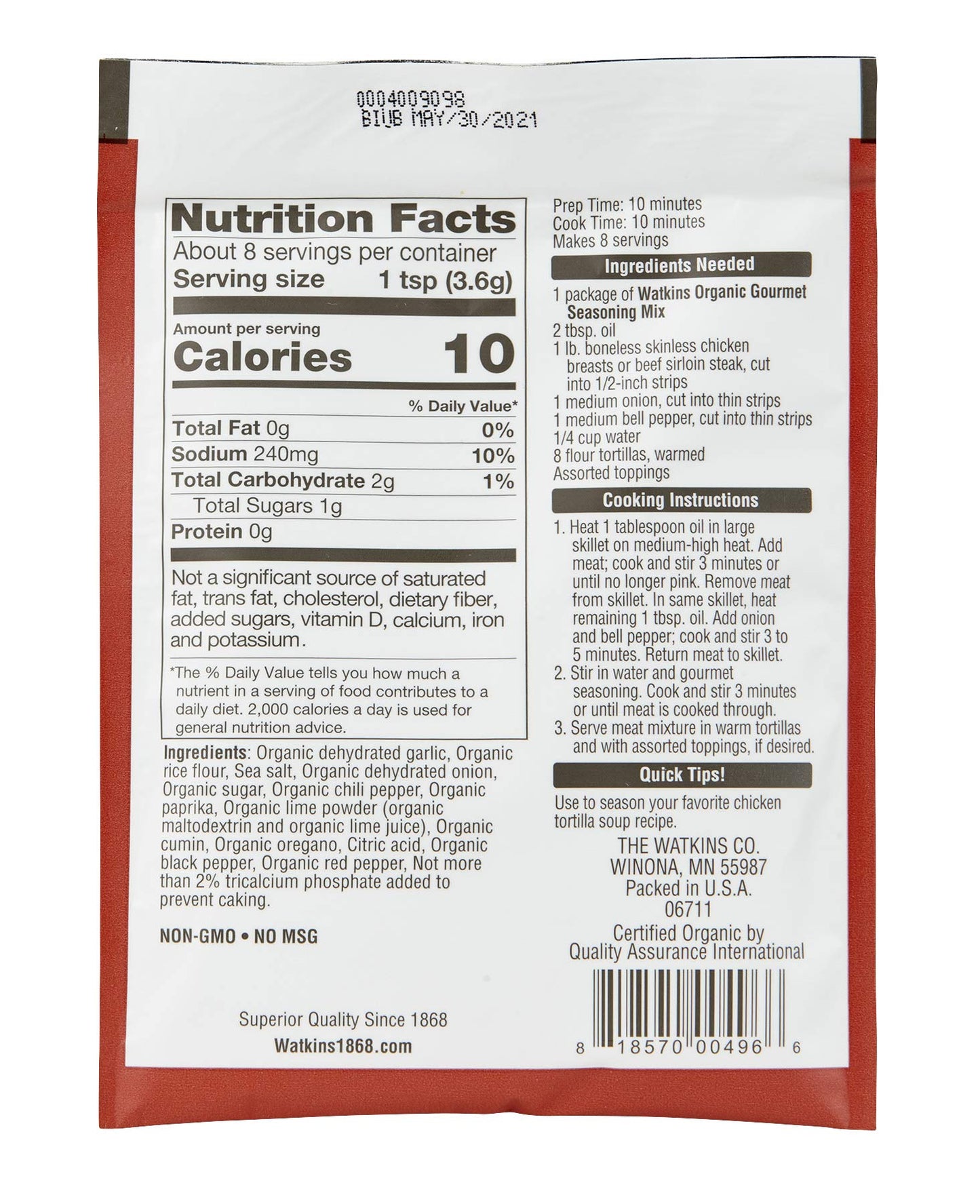 Watkins Organic Fajita Gourmet Seasoning Mix, 1.02 Oz. Packets (Pack Of 12)