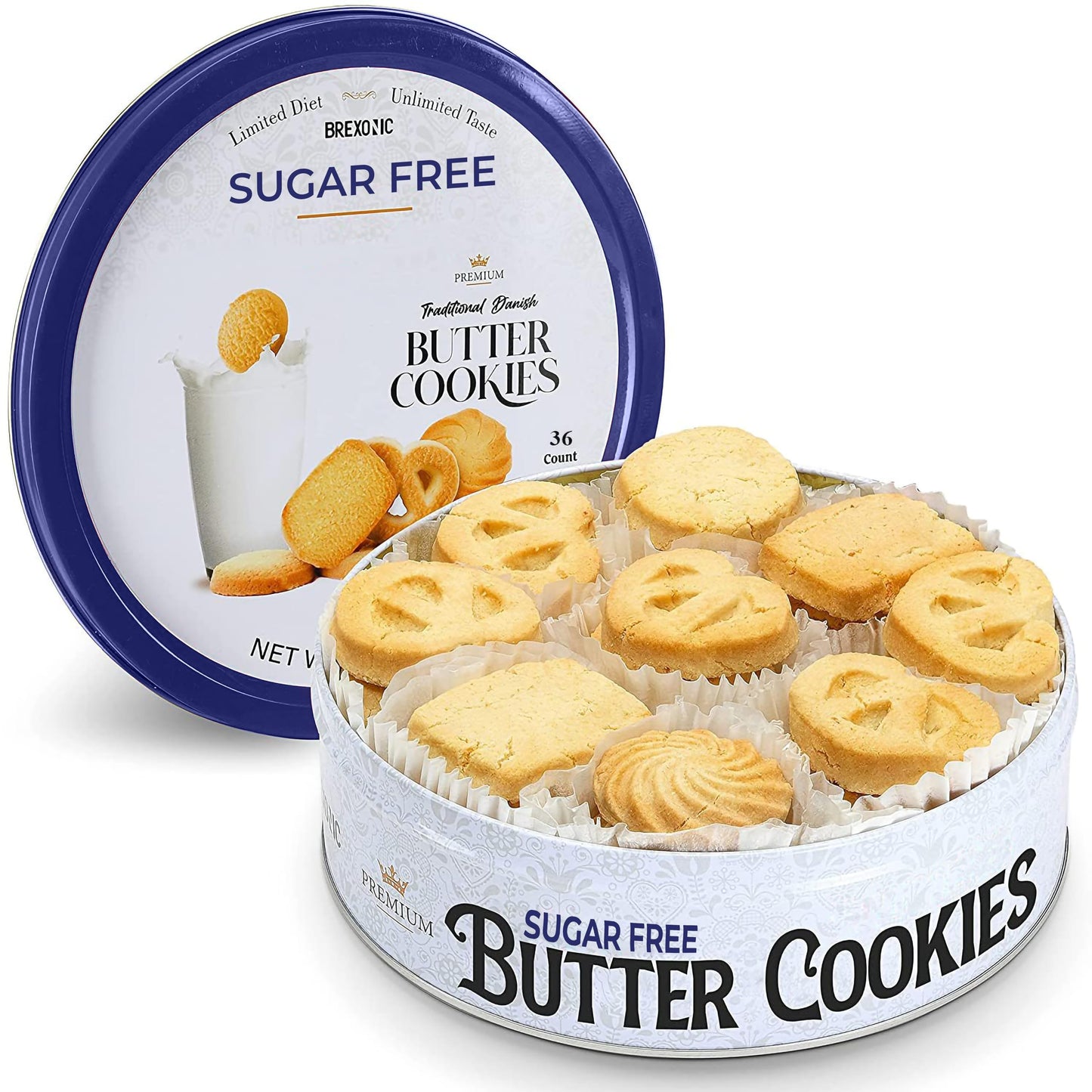 Sugar Free Butter Cookies 36 Count Traditional Danish Cookies, Premium Assorted Shortbread cookies for Diabetics (1 Pk, 11 Ounce