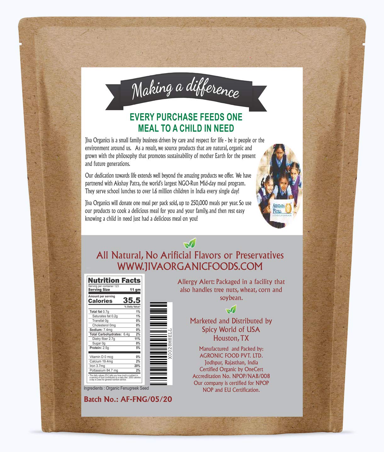 Jiva Organic Fenugreek Seeds 2.5 LB Bulk - Non-GMO, Gluten Free, Non Irradiated Whole Methi Seeds (Fenogreco En Semillas)