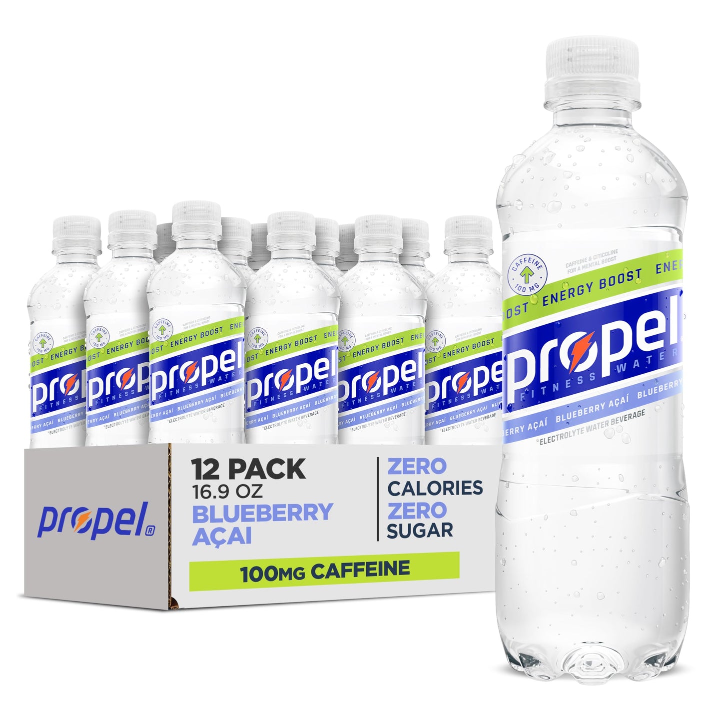 Propel Energy Boost Flavored Water with Electrolytes & Caffeine, Blueberry Acai, 16.9 fl oz Bottles, 12 Pack