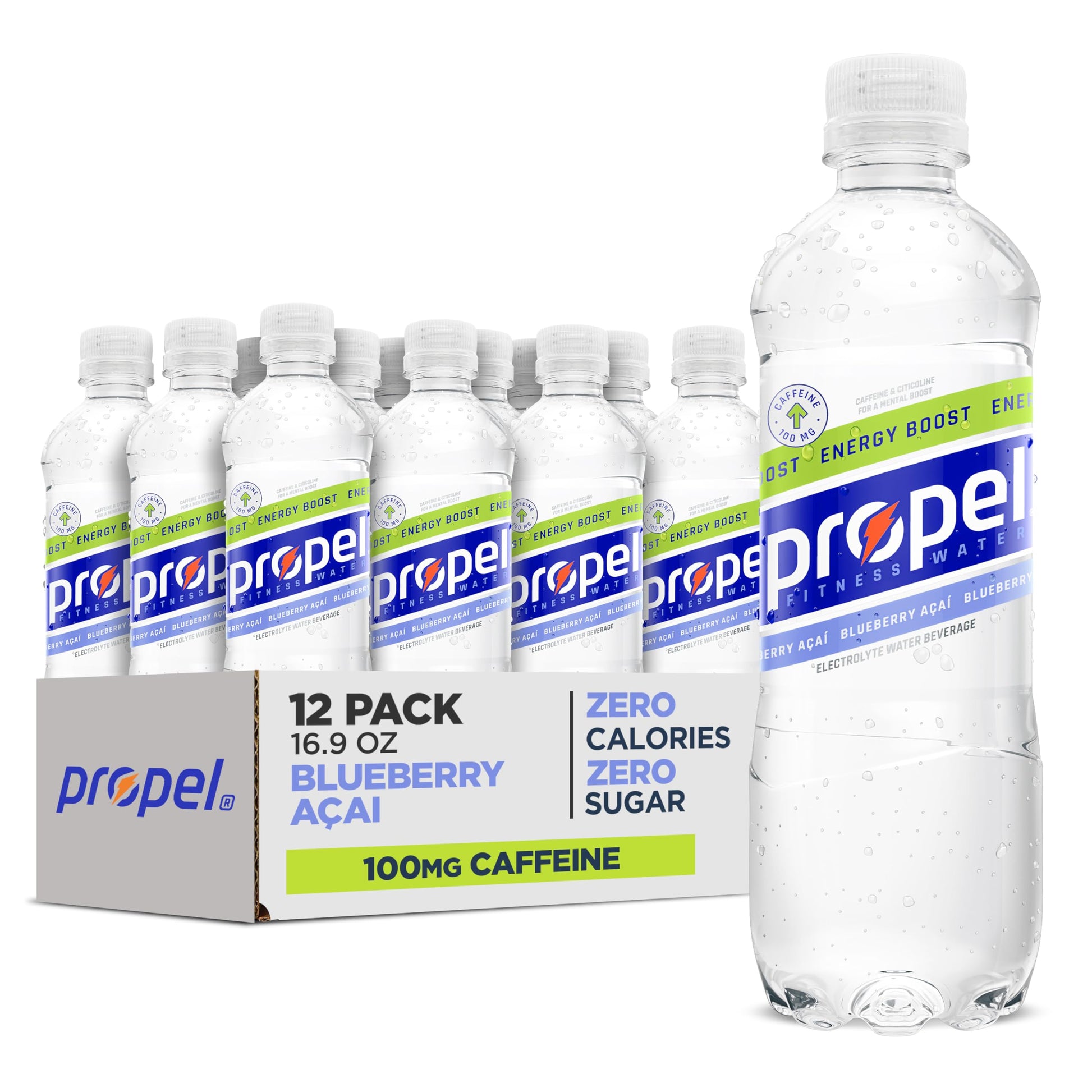 Propel Energy Boost Flavored Water with Electrolytes & Caffeine, Blueberry Acai, 16.9 fl oz Bottles, 12 Pack