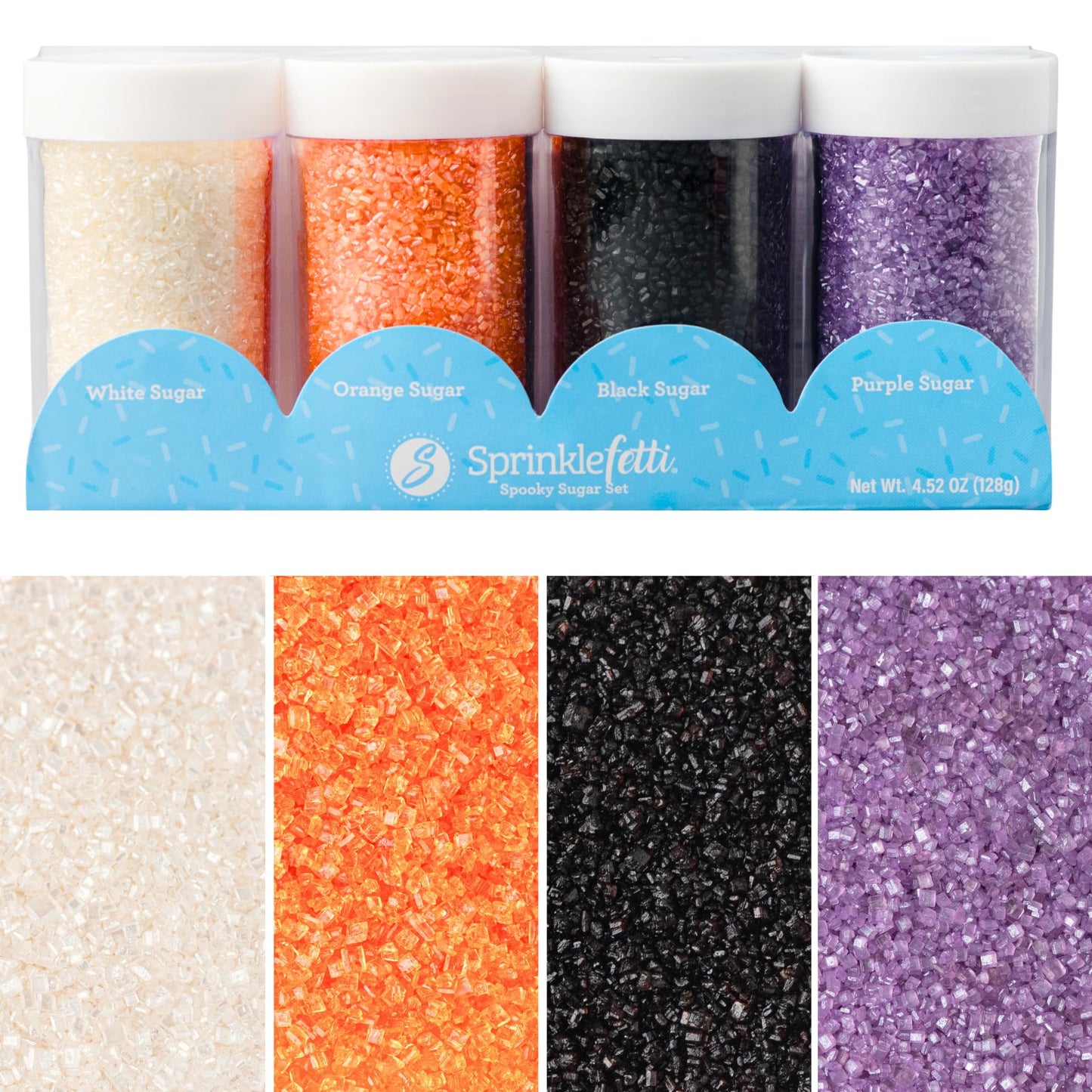 Sweets Indeed Halloween Sugar Sprinkles 4-Pack - 4.52 Oz Spooky Sugar Set | White  Orange  Black & Purple Decorating Sugars | Edible Baking Decorations For Cookies  Cupcakes & Cakes