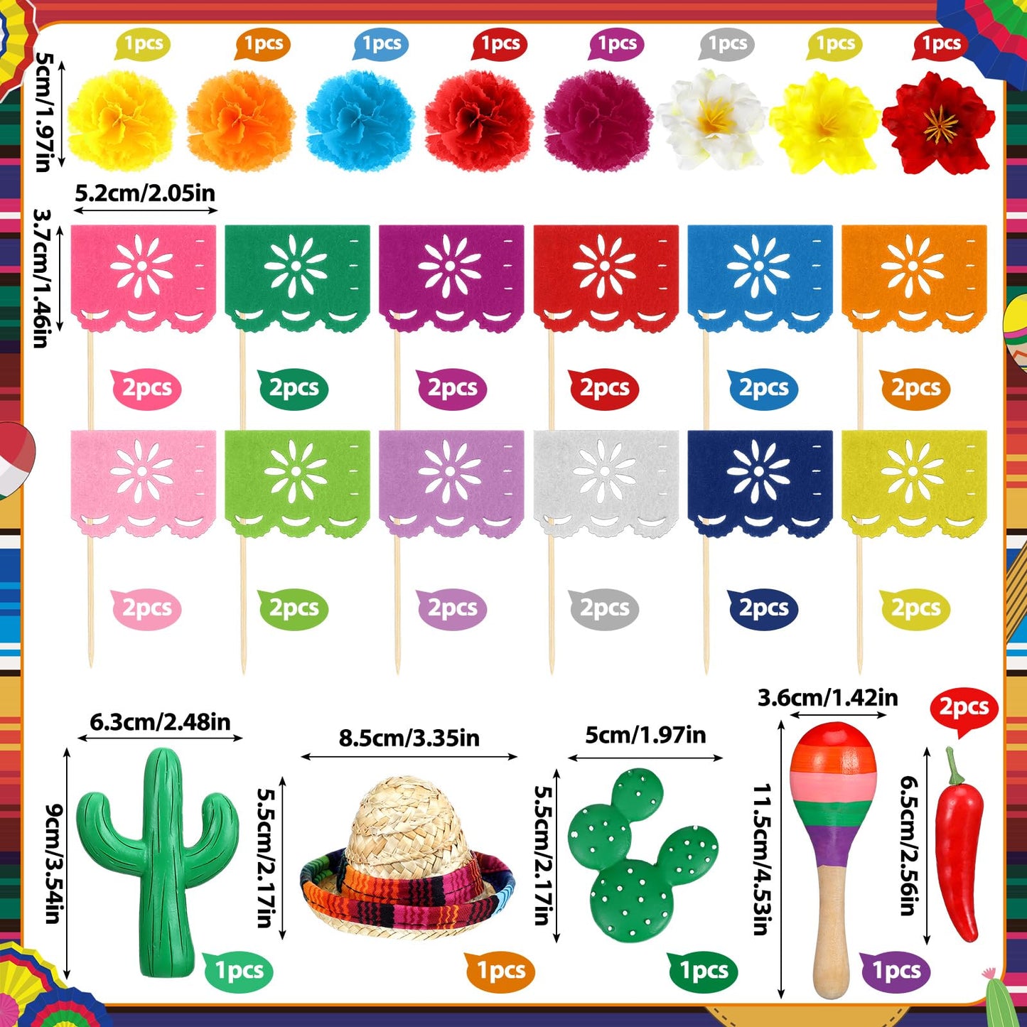 CroBlissful Mexican Fiesta Cake Topper - 39 Pcs Papel Picado Flags & Flower Decor, Red/Green/White