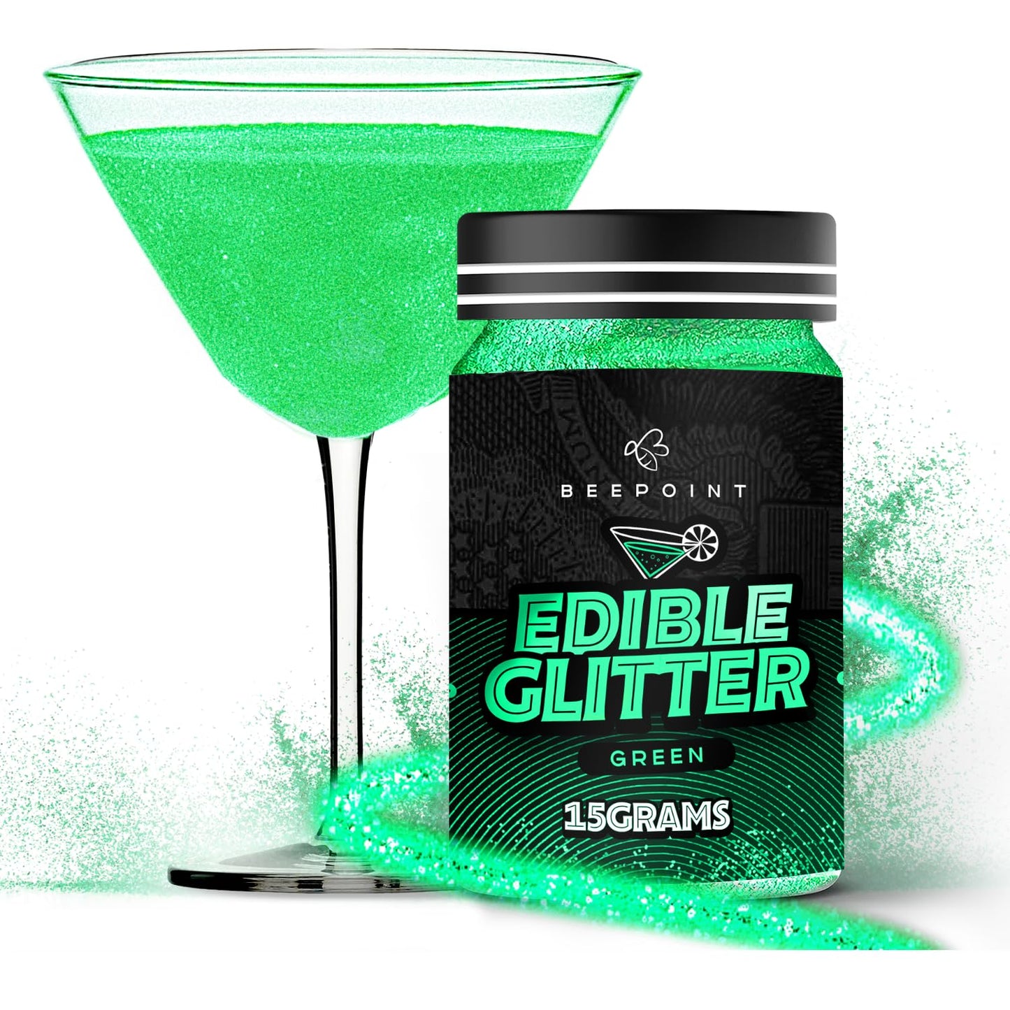 BeePoint Edible Glitter Luster Dust - Food Grade Shimmer Powder for Baking, Cocktails, & Decorating - 15g - Green