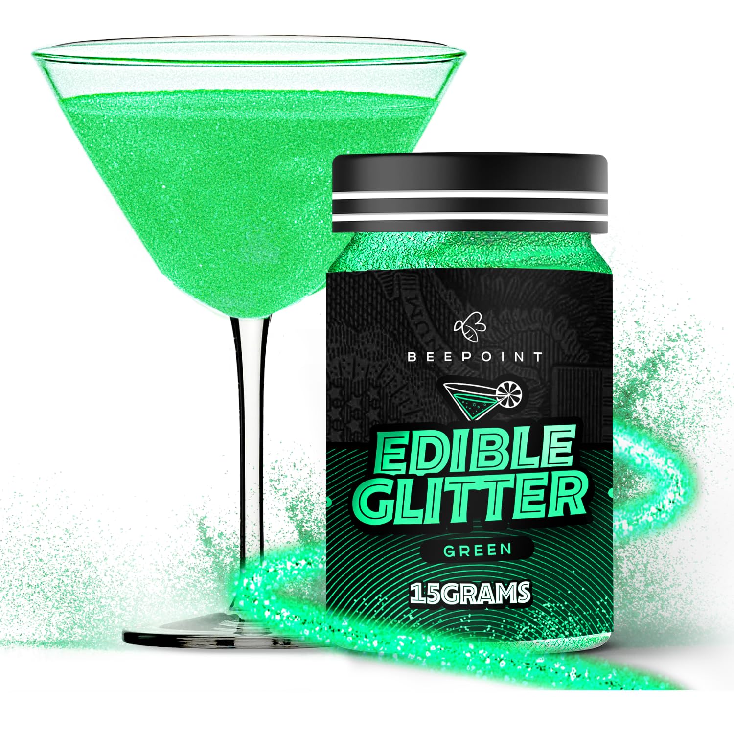 BeePoint Edible Glitter Luster Dust - Food Grade Shimmer Powder for Baking, Cocktails, & Decorating - 15g - Green