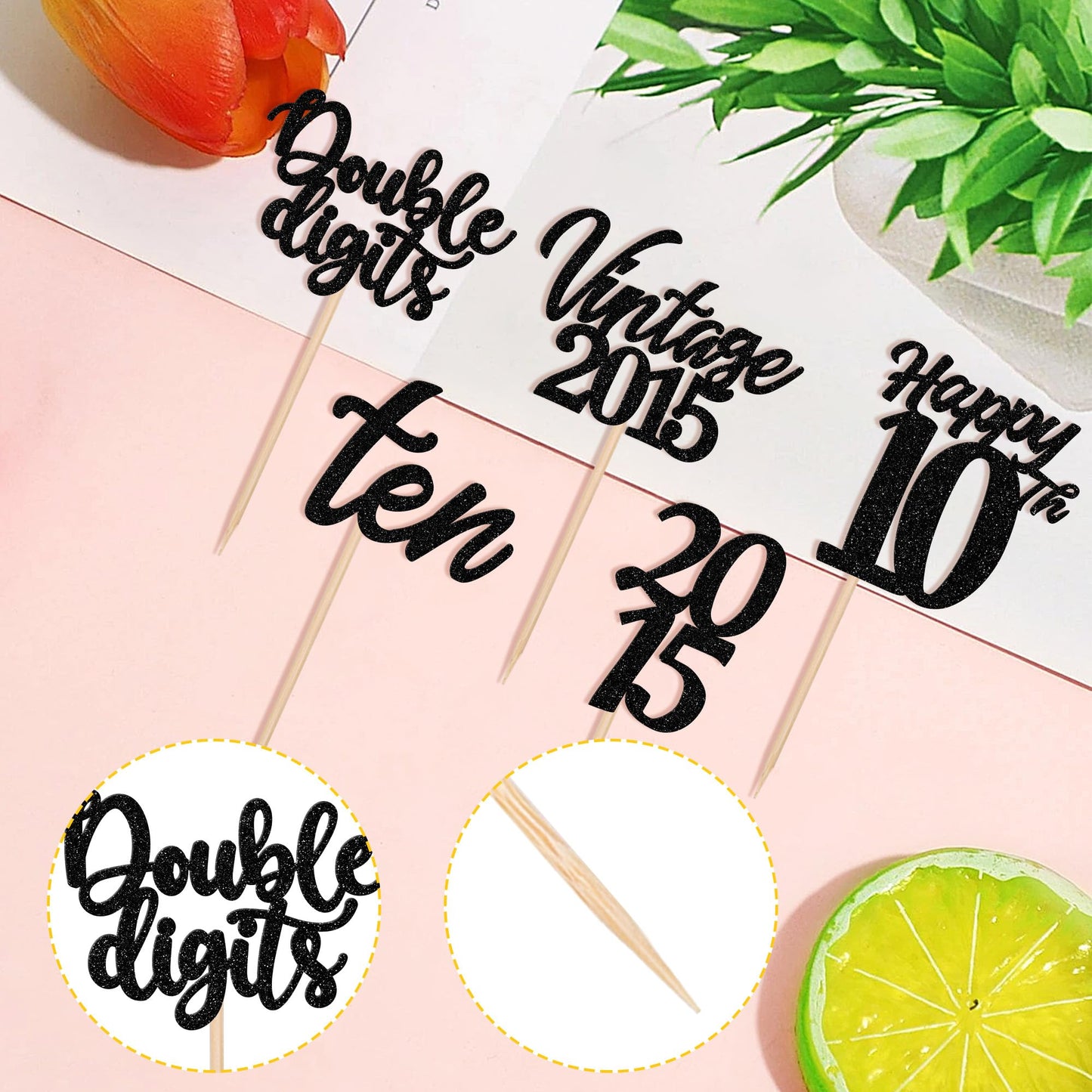 ZHUOWEISM 30PCS Cupcake Toppers for 10th Birthday Party Decorations, Black