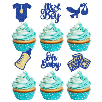 Gyufise 24Pcs Baby Shower Cupcake Toppers Glitter Tie Onesie Baby Bottle Oh Baby Cupcake Picks It'S A Boy Cake Decorations For B