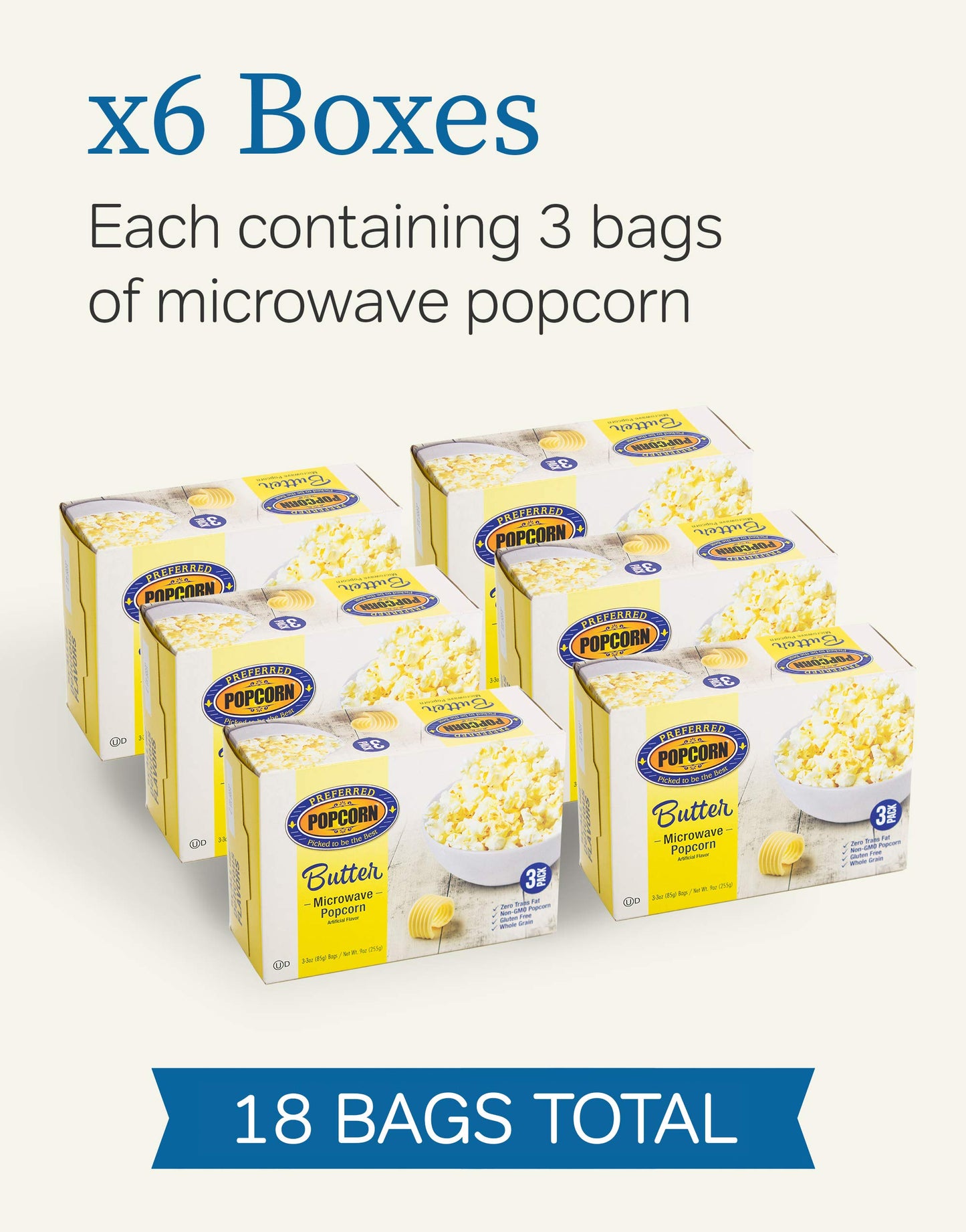 Preferred Popcorn Microwave Popcorn, Buttery Popcorn, 18 Pack - Non-Gmo, Whole Grain, Gluten Free