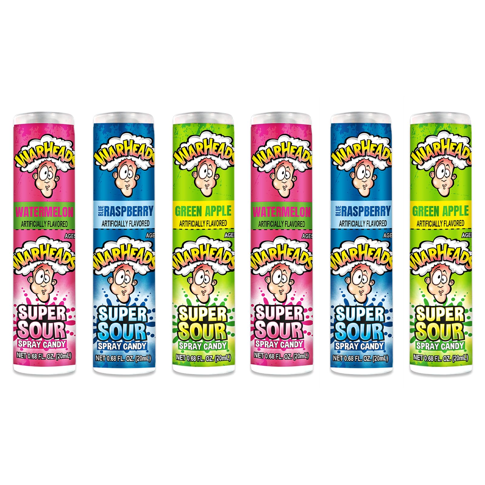 Warheads - Super Sour Candy Spray - Blue Raspberry, Green Apple And Watermelon Flavors - 0.68 Oz. Bottles - 6 Pack