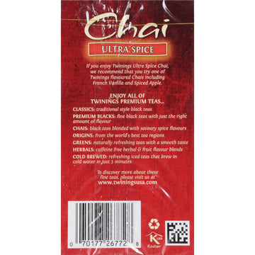 Twinings Chai Tea, Ultra Spice Chai Tea Bags With Cinnamon, Ginger, Cardamon, Clove For A Spicy Chai Tea Latte, 20 Tea Bags