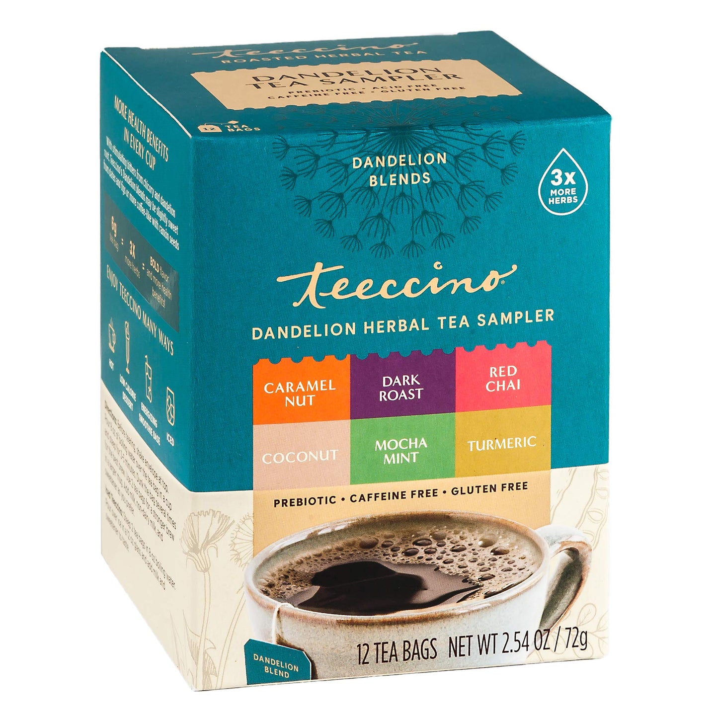 Teeccino Dandelion Tea Sampler - Caffeine Free Herbal Tea, 12 Count, Includes Caramel Nut, Coconut, Dark Roast, Mocha Mint, Red Chai, Turmeric