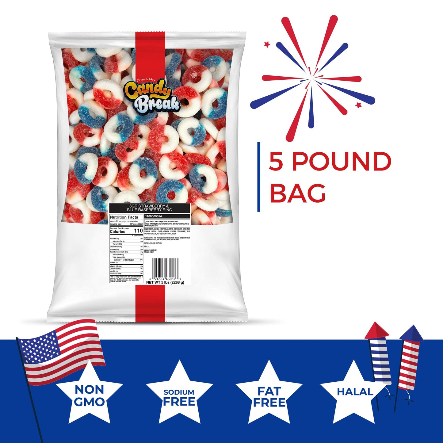 CANDY BREAK Gummy Candy Rings - Strawberry & Blue Raspberry, 5 lb Bulk Bag, Share Size Snacks for Kids & Grown Ups