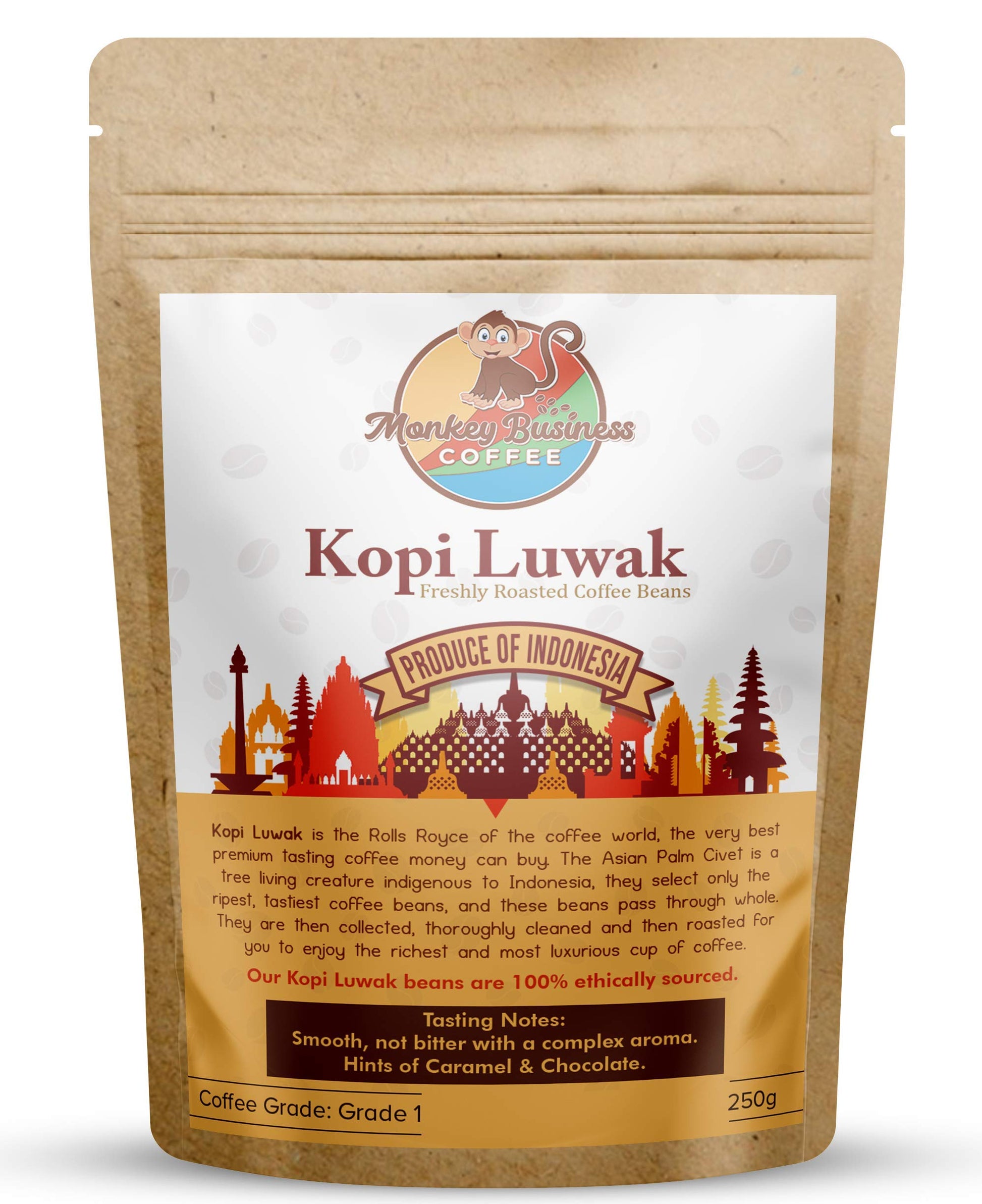 Monkey Business Coffee - Wild Kopi Luwak Coffee Whole Beans - Ethically Sourced - 250 Grams (8.8Oz) (Other Weights & Bean Types