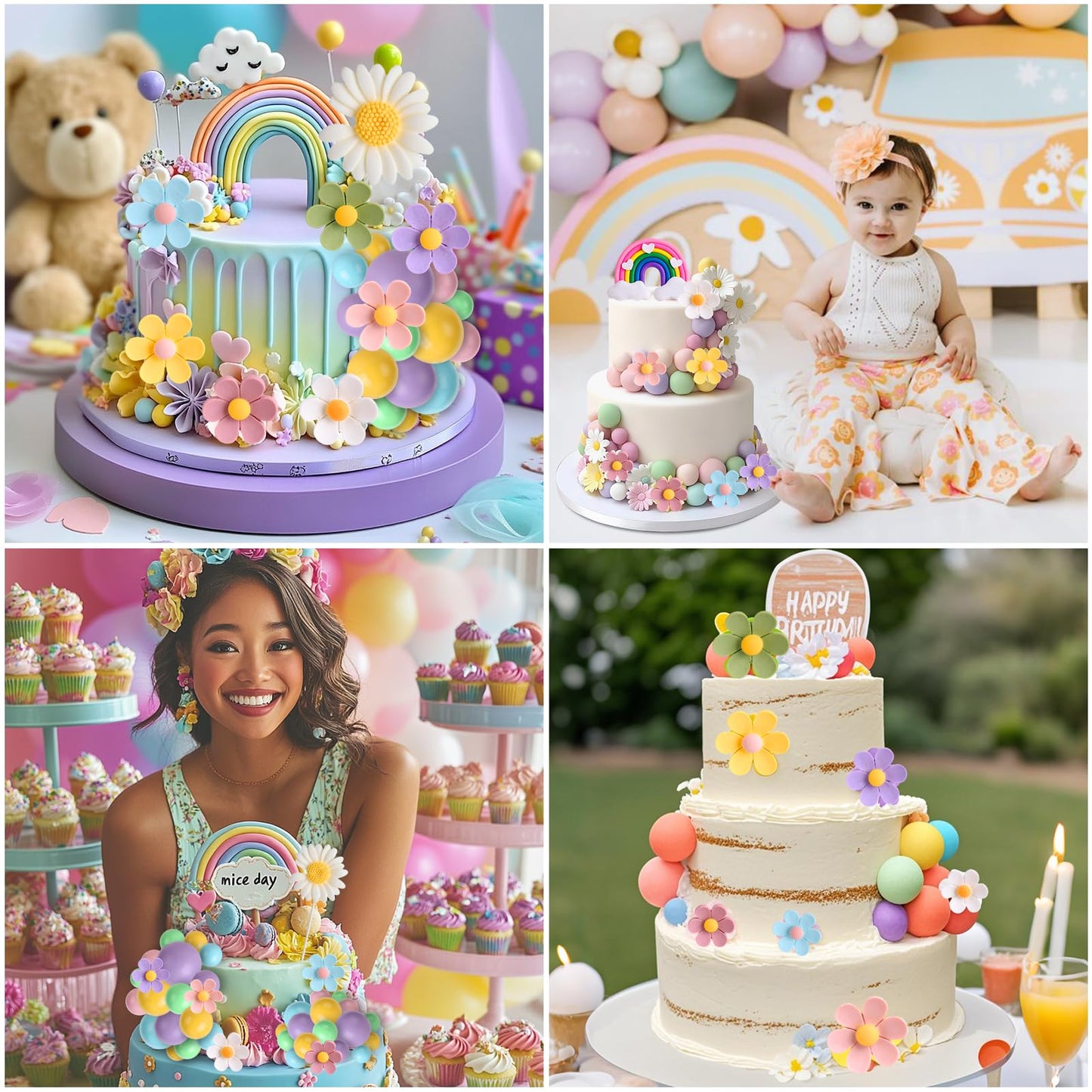 35 Pcs Daisy Flower Cake Toppers, Pastel Balls Acrylic Retro Hippie Boho Rainbow Cake Topper For Birthday Baby Shower Wedding Gr