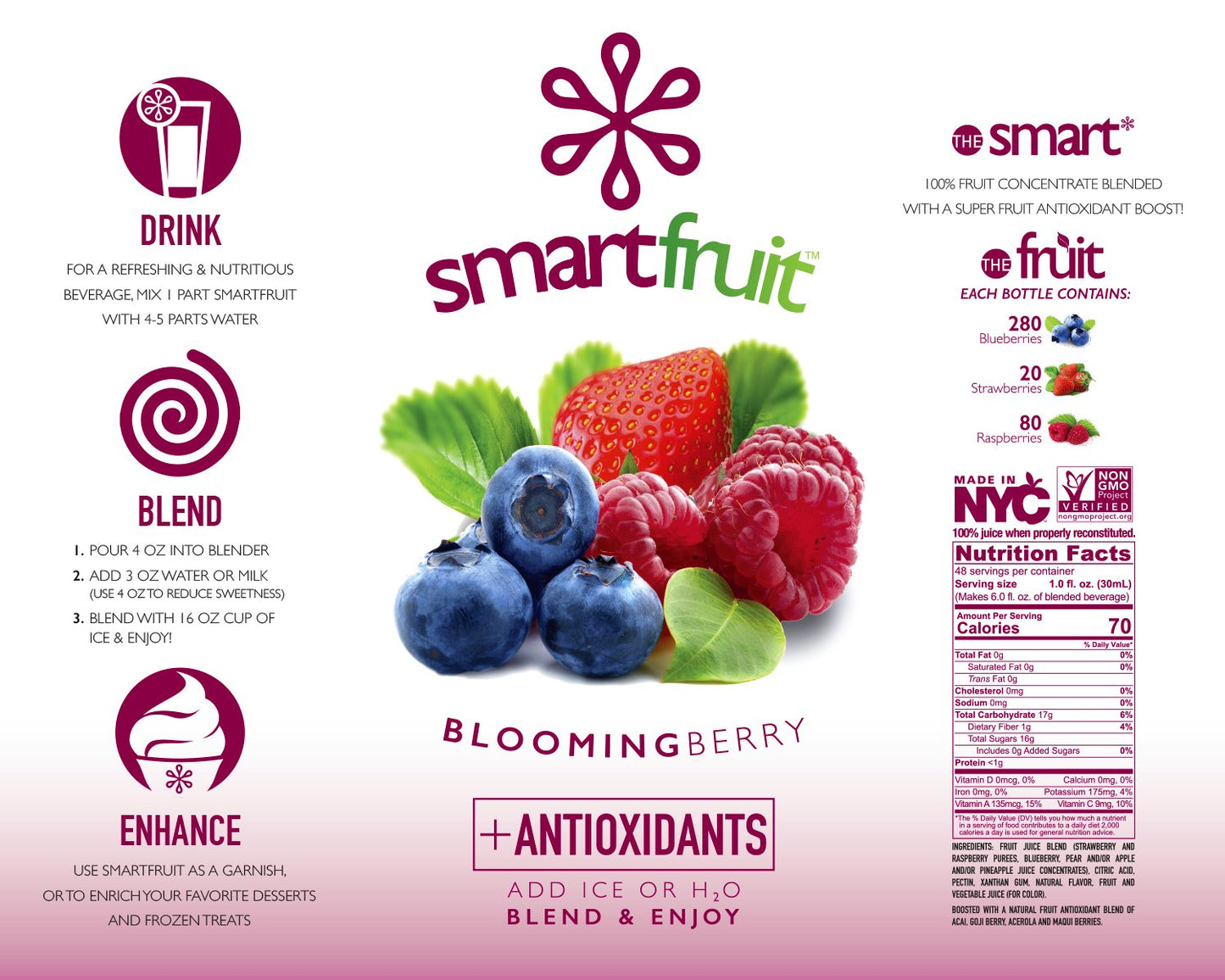Smartfruit Blooming Berry + Antioxidants, 100% Real Fruit Pur  E, Non-Gmo, No Additives, Vegan - 48 Fl. Oz