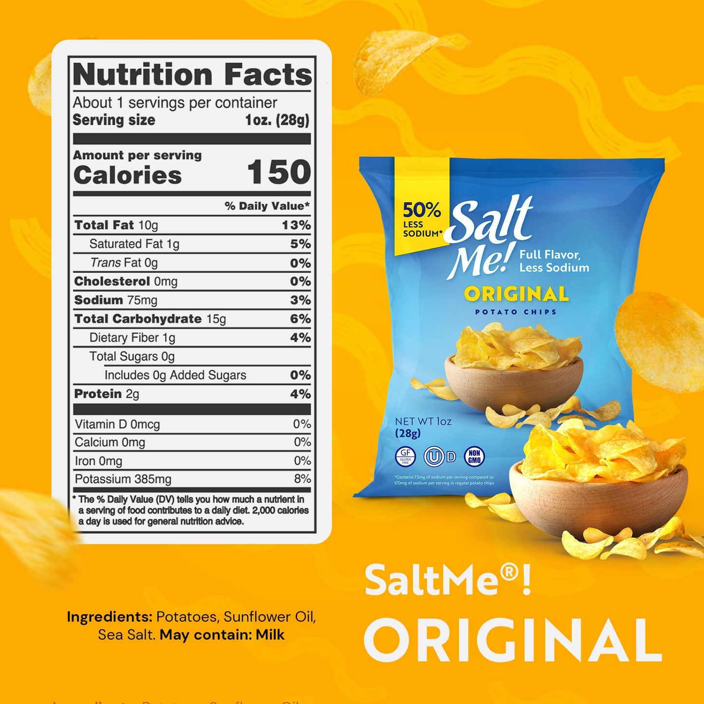 Saltme! Original Better For You Potato Chips - 24Ct 1Oz Bags - 50% Less Sodium, Kosher, Healthier Snack Pack- Best Full Flavor, Non-Gmo, Gluten Free - Less Sodium, Same Flavor.
