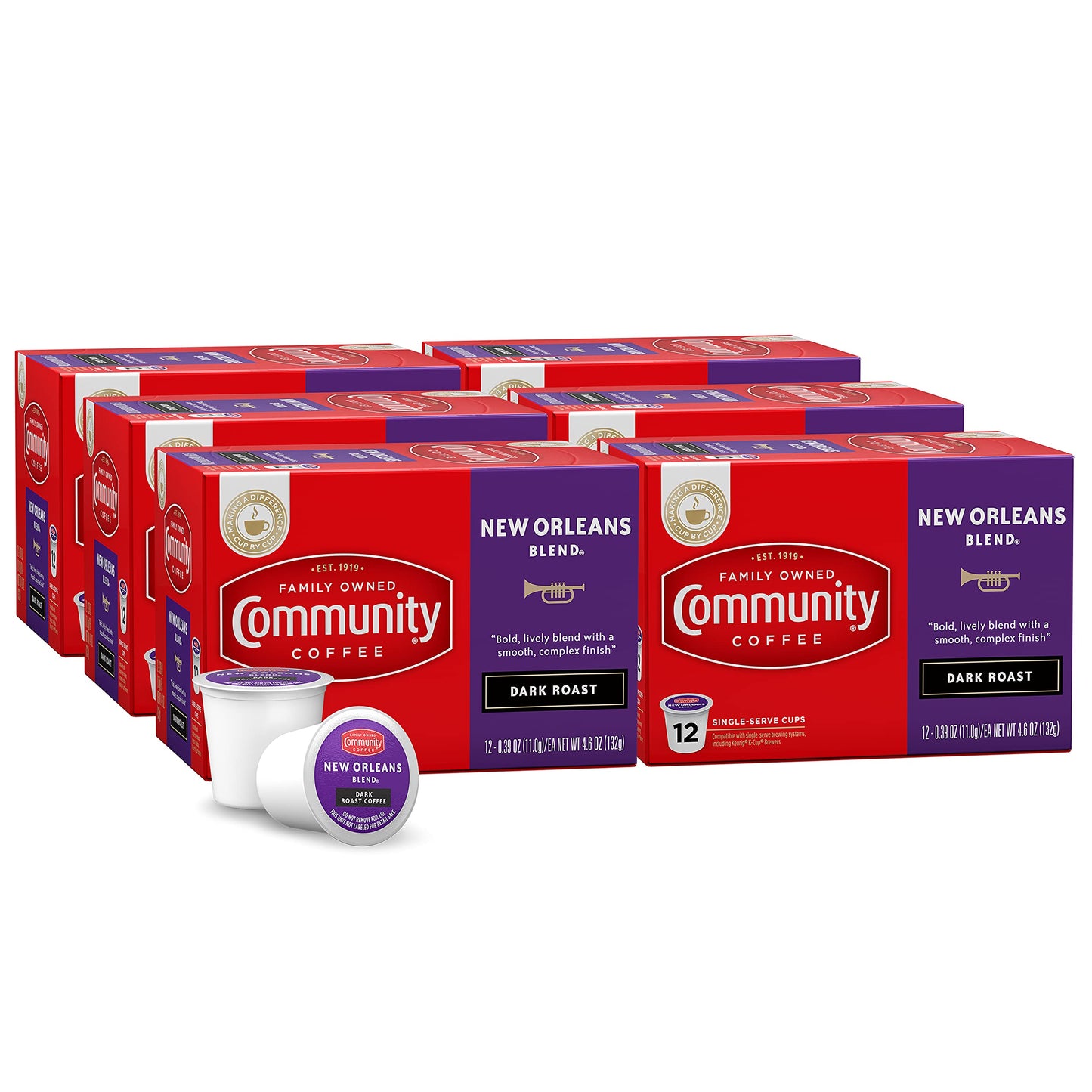 Community Coffee New Orleans Blend Coffee Pods, Special Dark Roast, 72 Count, Compatible with Keurig 2.0, Pack of 6