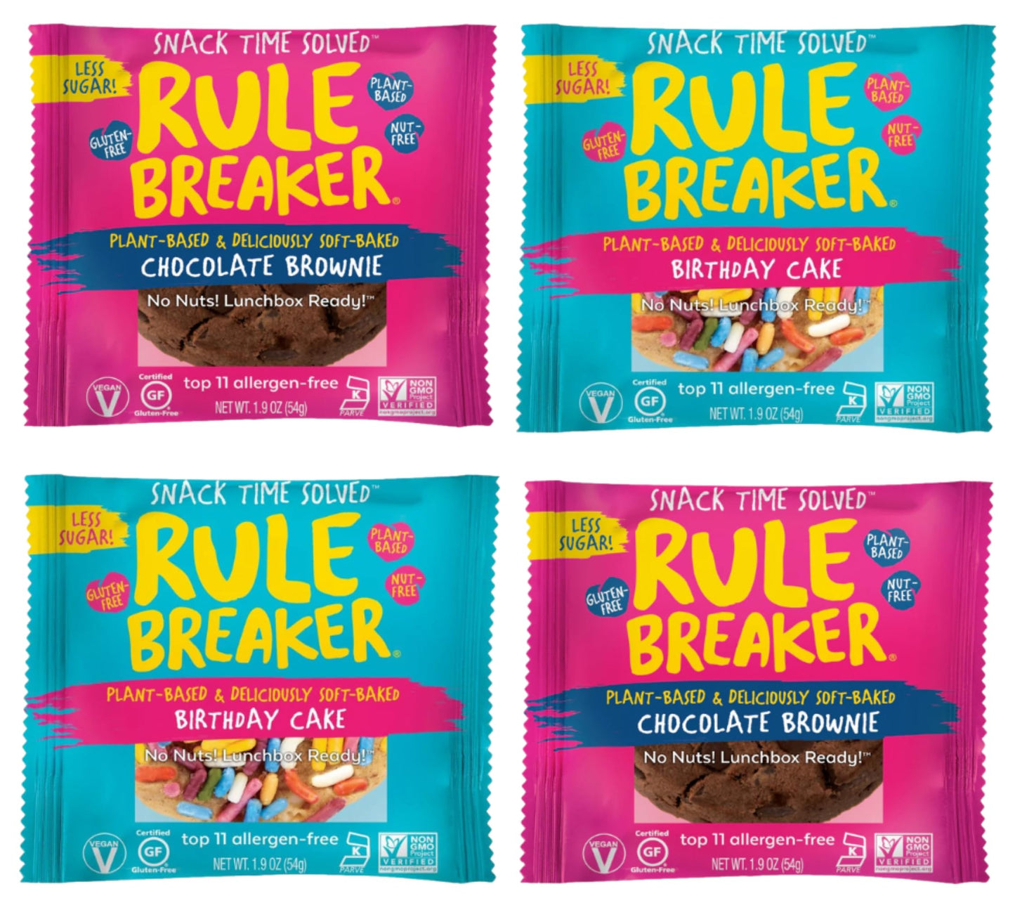 Rule Breaker Vegan & Gluten Free Cookies | Birthday Cake & Chocolate Brownie | Plant-Based  Top 11 Allergen-Free | Soft-Baked  Great Snacks For Kids & 18+ Uses  Individually Wrapped (Pack Of 4)