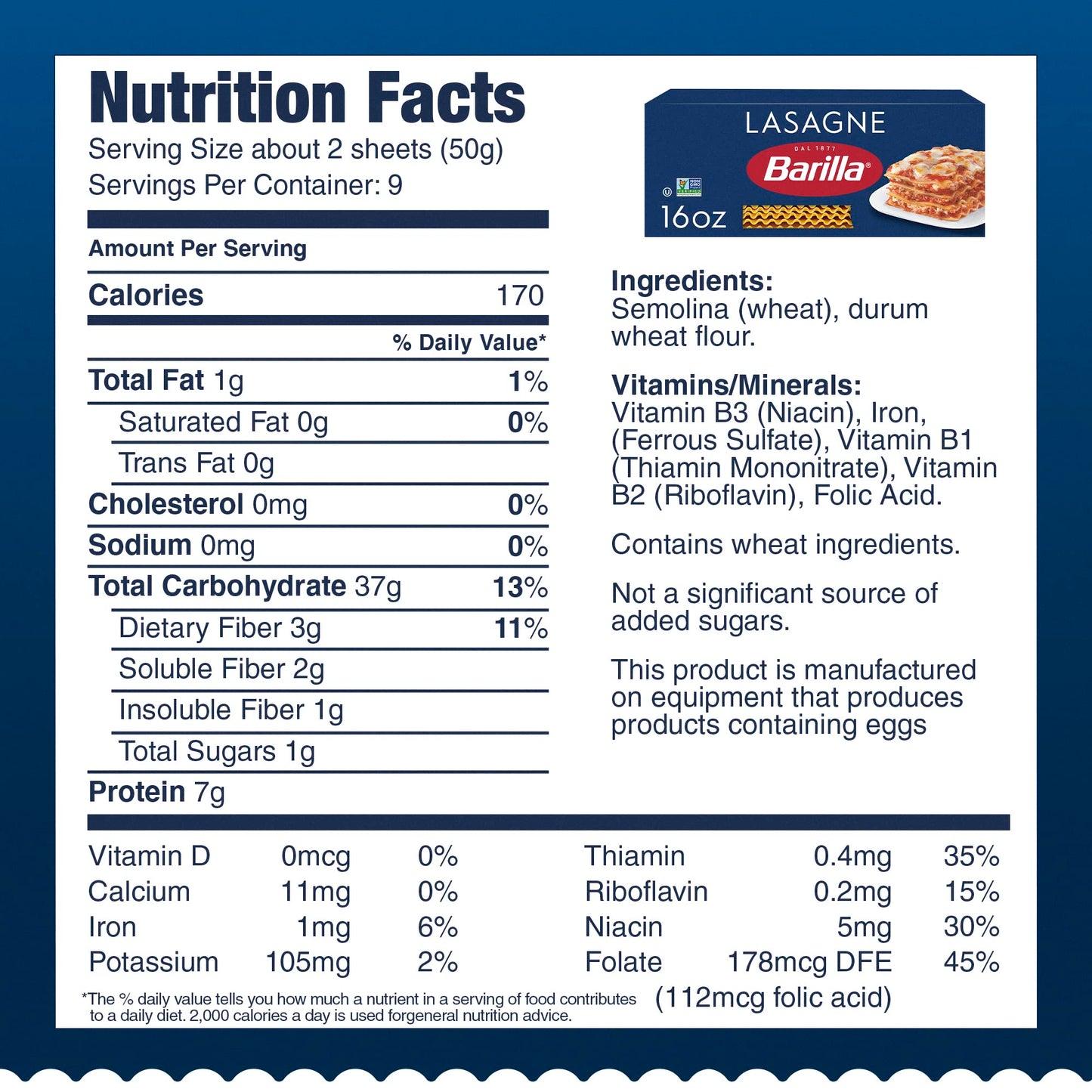 Barilla Wavy Lasagne Pasta, 16 oz. Box - Non-GMO Pasta Made with Durum Wheat Semolina - Kosher Certified Pasta