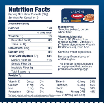 Barilla Wavy Lasagne Pasta, 16 oz. Box - Non-GMO Pasta Made with Durum Wheat Semolina - Kosher Certified Pasta