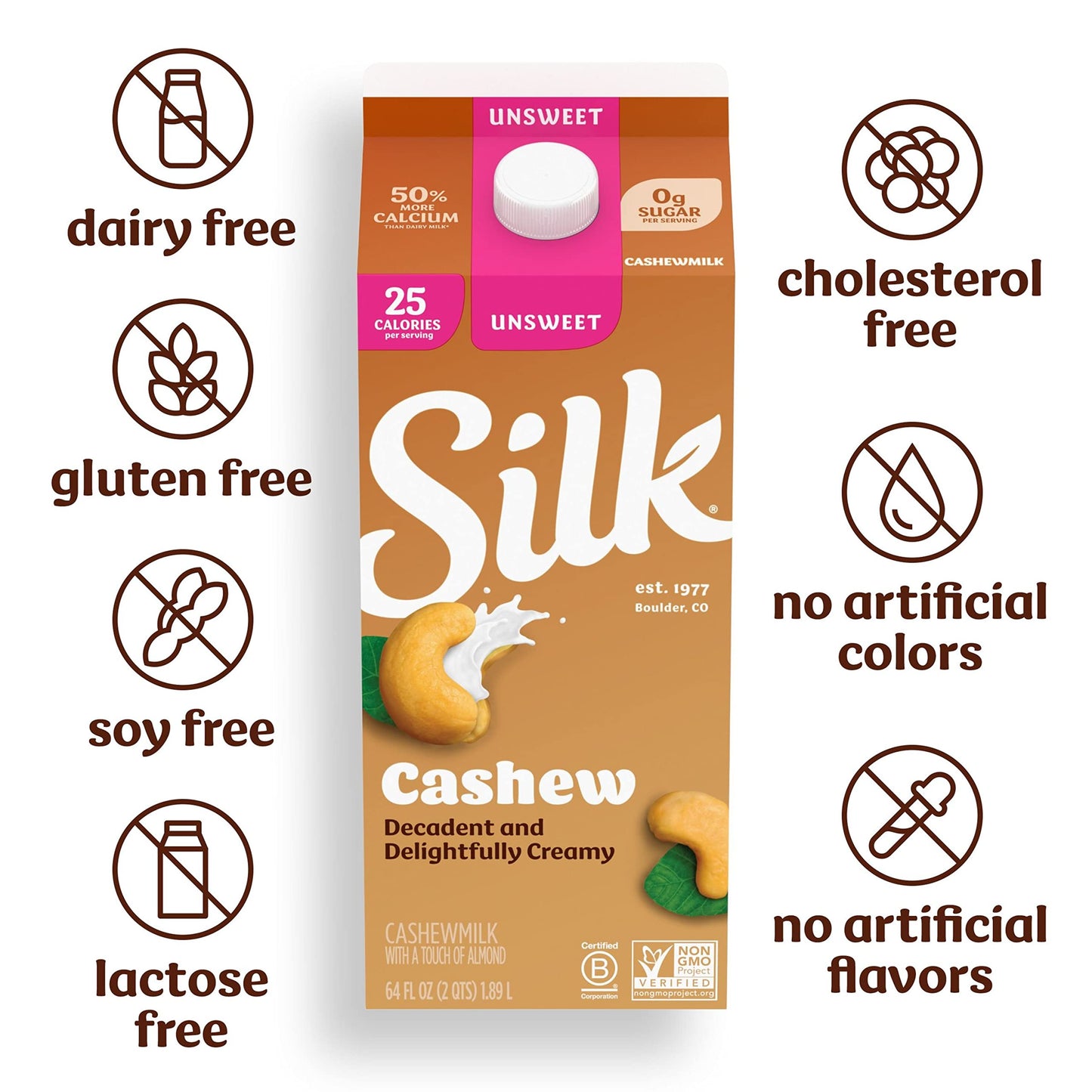 Silk Cashew Milk, Unsweetened, Dairy-Free, Vegan, Non-Gmo Project Verified, Half Gallon, 64 Fl Oz