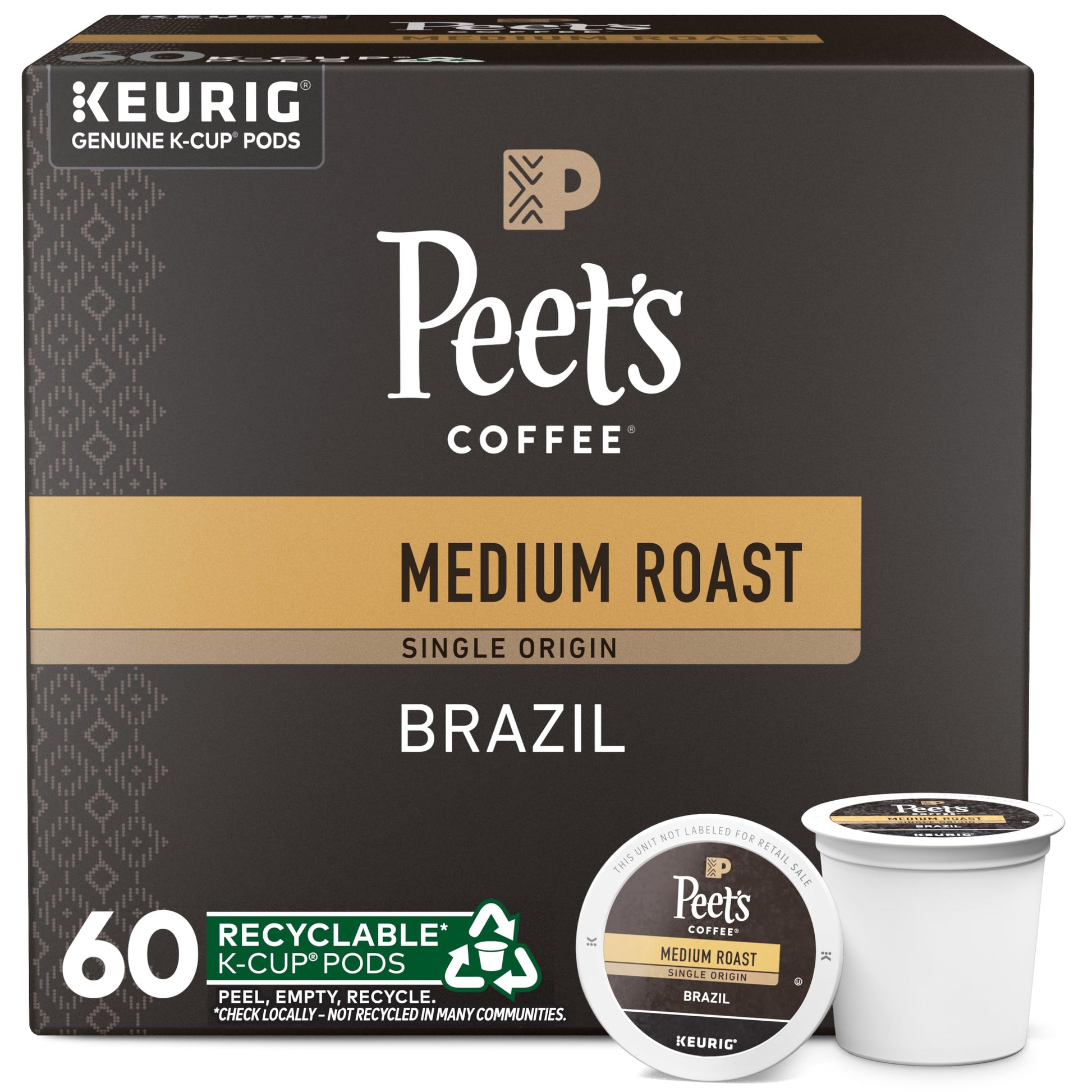Peets Coffee Medium Roast K-Cup Pods - Single Origin Brazil - 60 Count (6 Boxes of 10 Pods) - Model 506955