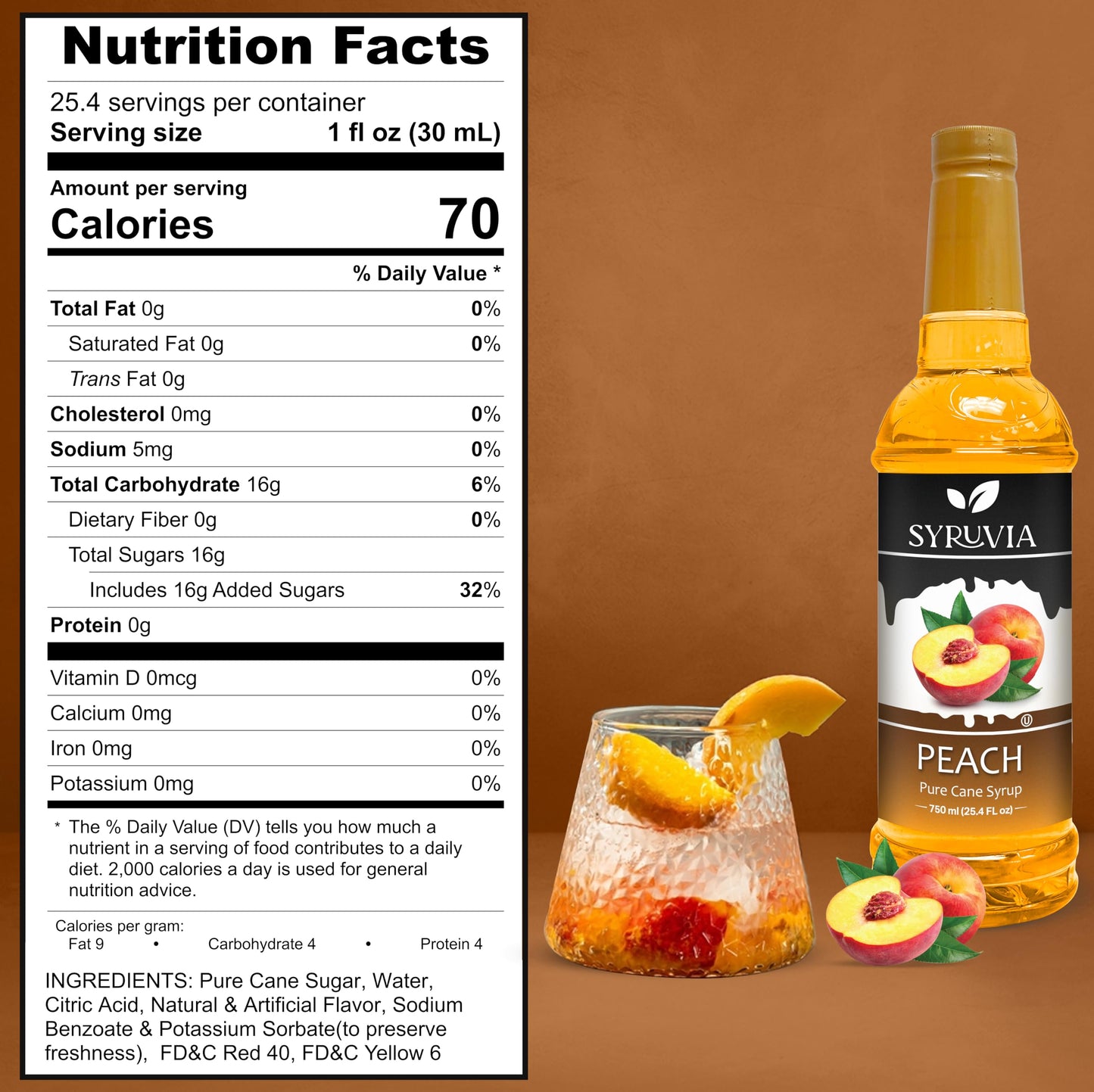 Syruvia Peach Syrup - Peach Syrup Flavor, 25.4 Fl Oz - Perfect For Cocktails, Ice Tea, Desserts, Italian Sodas, Ice And More, Ko