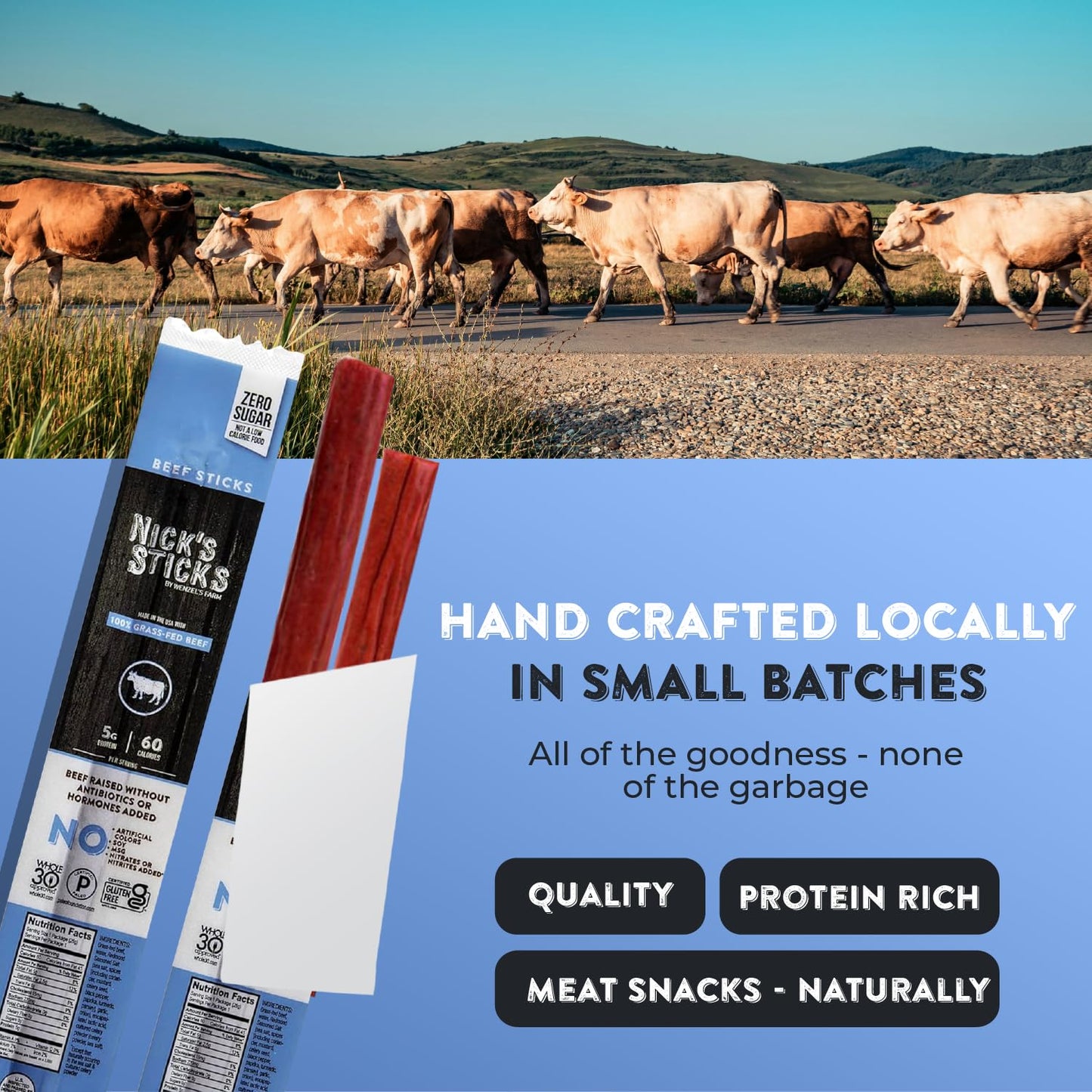 Nick'S Sticks Clean & Balanced 100% Grass-Fed Beef Snack Sticks | Made In The Usa | Gluten Free | Paleo, Keto, Whole30 Approved