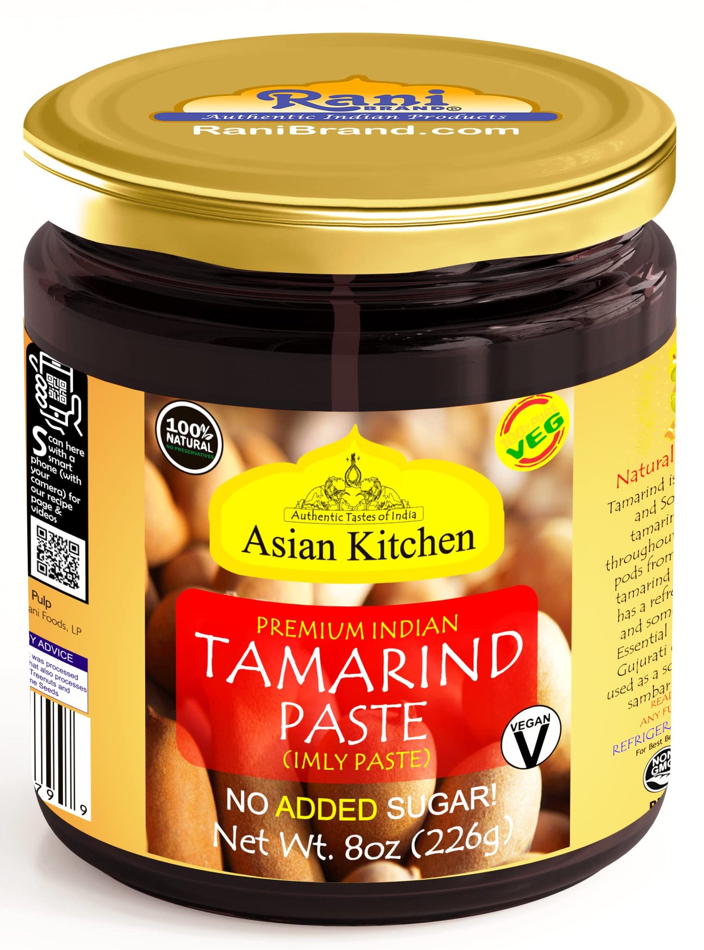 Asian Kitchen Tamarind Paste Puree (Imli) 8oz (227g) Glass Jar, Gluten Free, No Added Sugar ~ All Natural | Vegan | Non-GMO | No