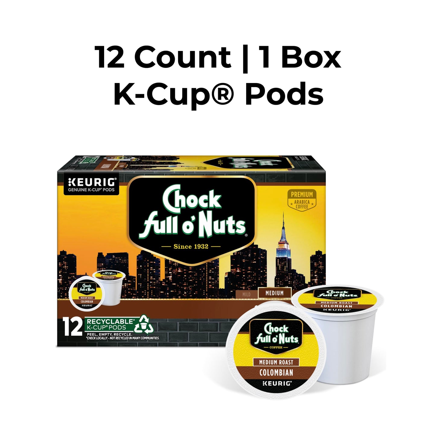 Chock Full Onuts Colombian Coffee, Compatible With Keurig K-Cup Pods (1 Pack Of 12 Single-Serve Cups)