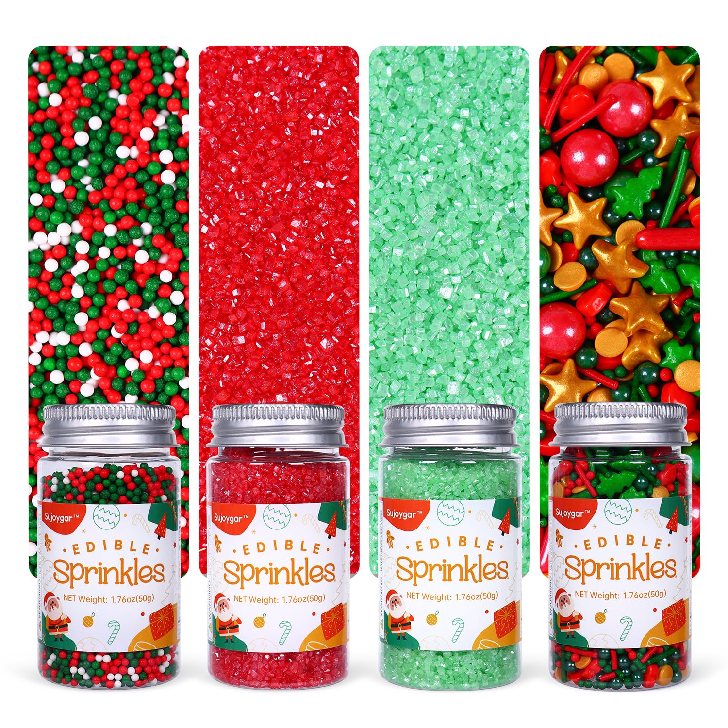 Christmas Sprinkles for Cupcake Toppers, Edible Christmas Sprinkles Set, Sujoygar Sprinkles for Cake Baking Decorating Cookies H
