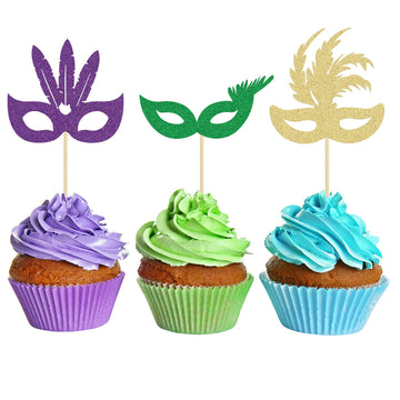 Gyufise 24 Pack Masquerade Masks Cupcake Toppers Multicolor Glitter Bachelorette Mask Cupcake Topper Mask Cake Picks Decorations