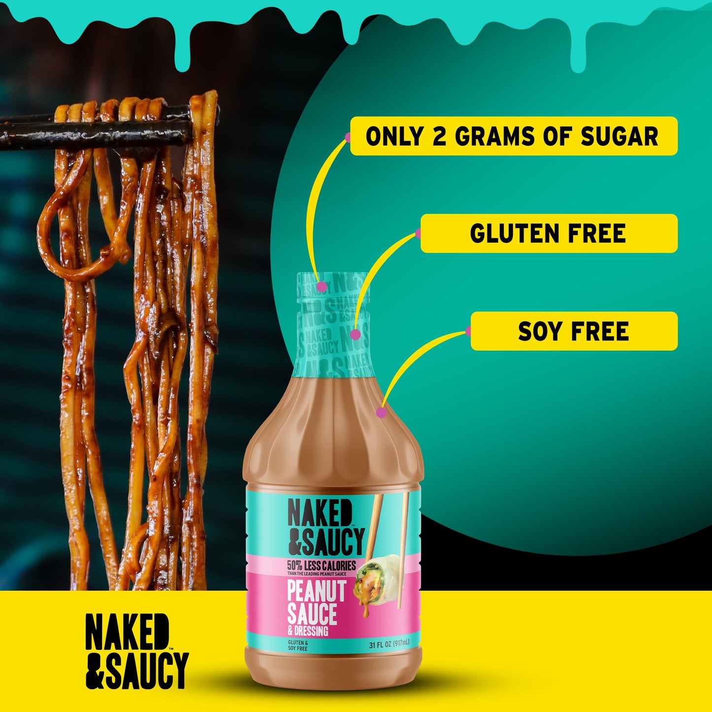 Naked & Saucy Low Sugar Peanut Sauce And Dressing, Gluten-Free, Soy-Free, Vegan, Paleo, 31 Fl Oz