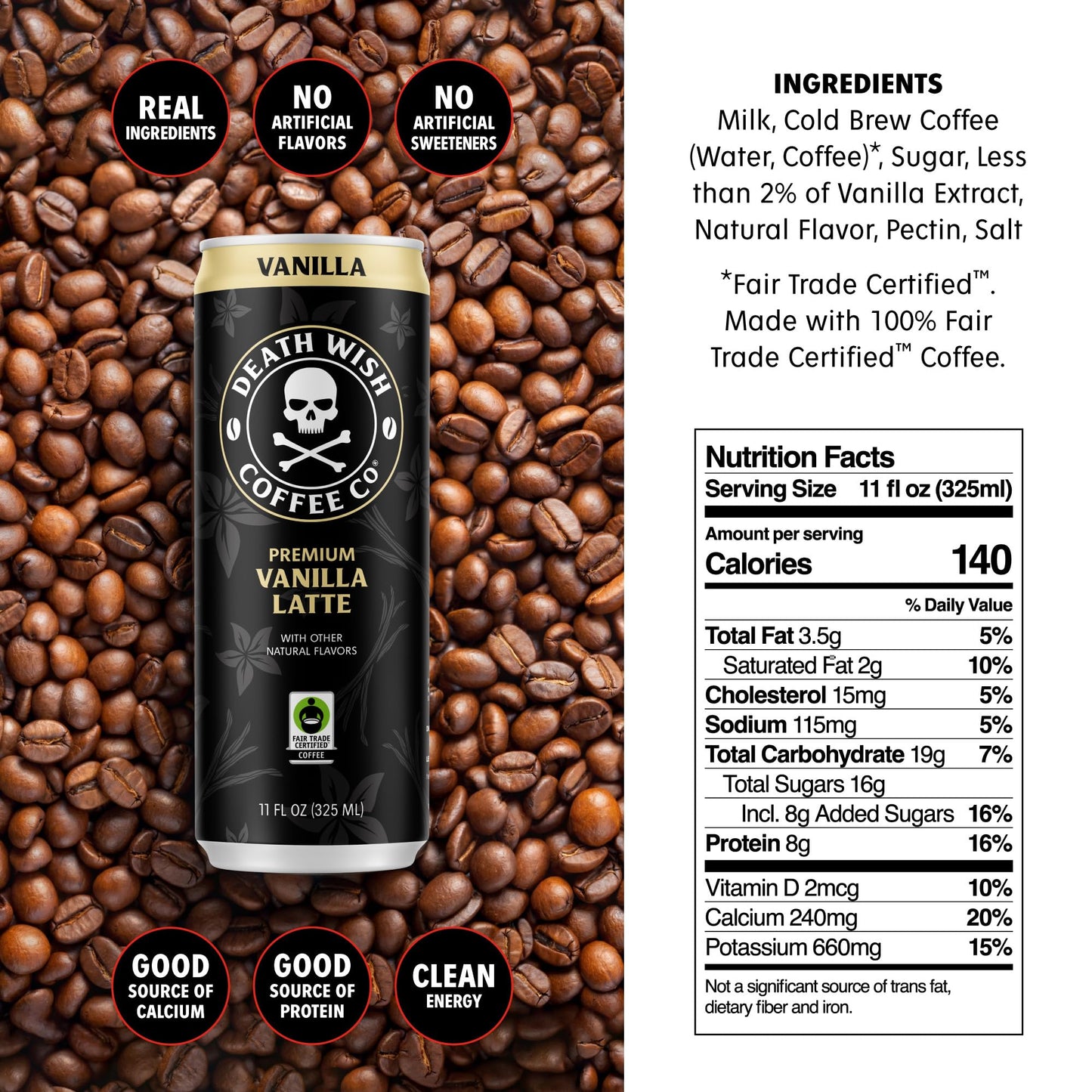Death Wish Coffee, Iced Coffee Cold Brew, Fair Trade (Vanilla Latte)