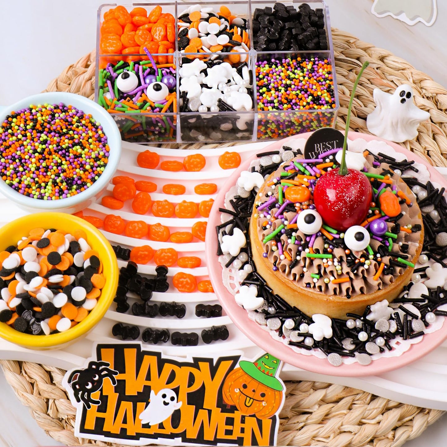 Halloween Sprinkles for Cake Decorating - 6.53 oz Edible Candy Eyes  Pumpkin  Ghost  Spider  Confetti  Nonpareils Sprinkle Mix  Cupcake Cookie Decorations for Fall Halloween Party