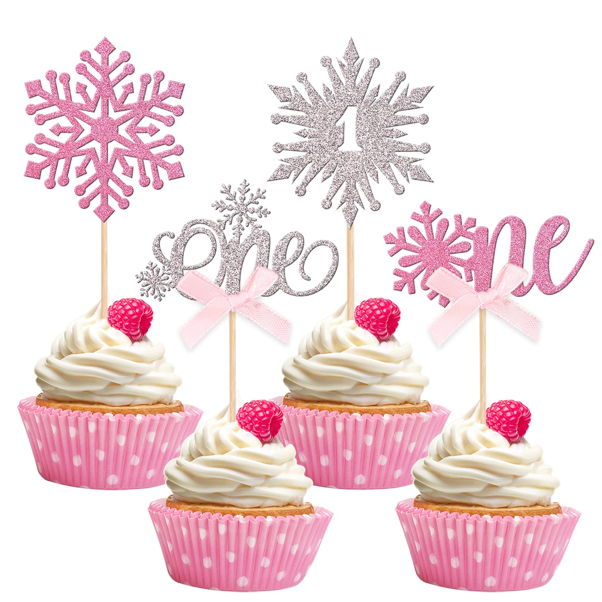24 PCS Snowflake 1st Birthday Cupcake Toppers Glitter Bow First Birthday Snowflake One Cupcake Picks for Winter Onederland Theme