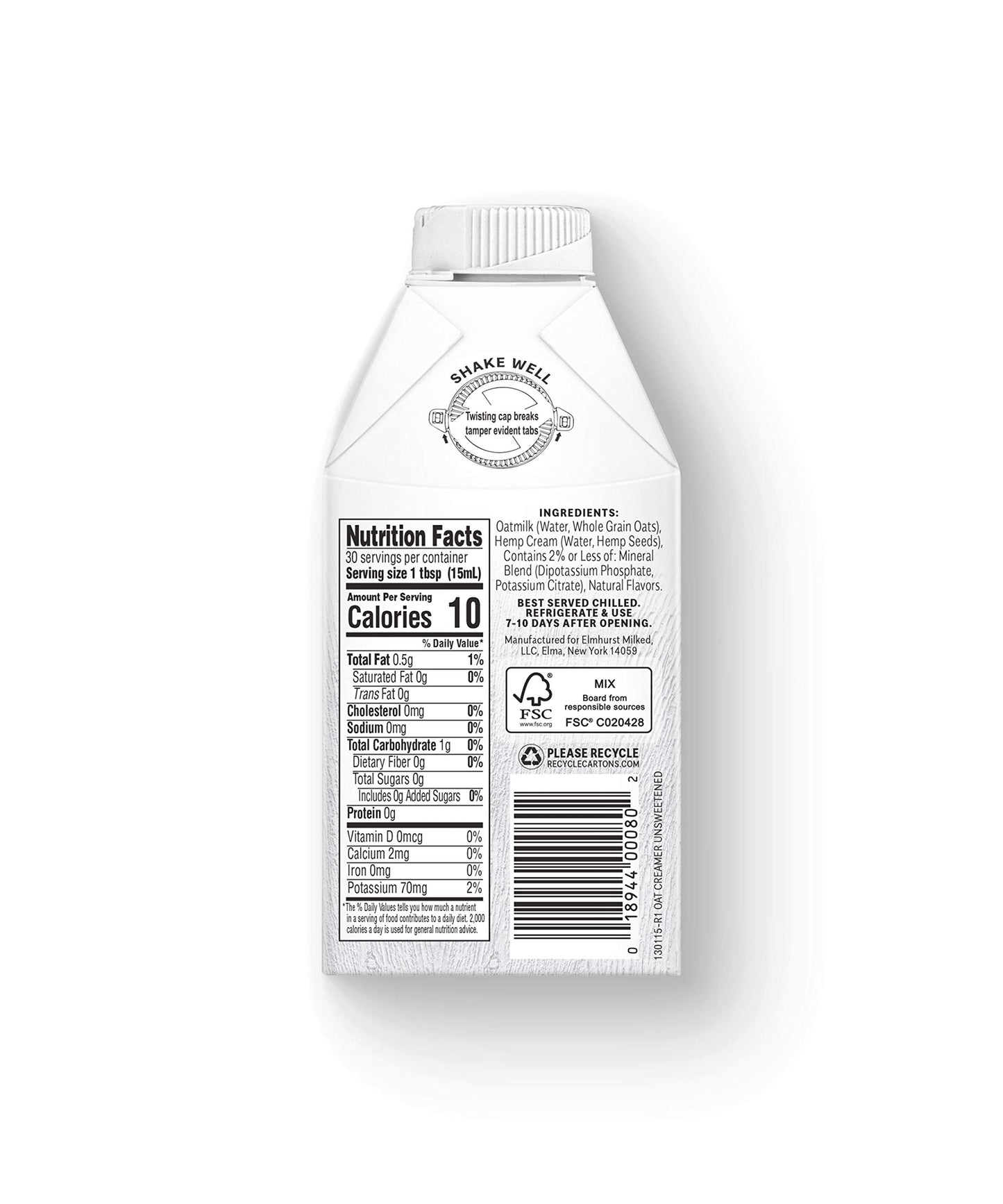 Elmhurst 1925 Unsweetened Oat Creamer - 16 Ounce (Pack Of 6) Dairy-Free, Vegan, Kosher, No Sugar, Shelf Stable Creamer Made With Whole Grain Oats For Healthier, Simpler Plant Based Alternatives