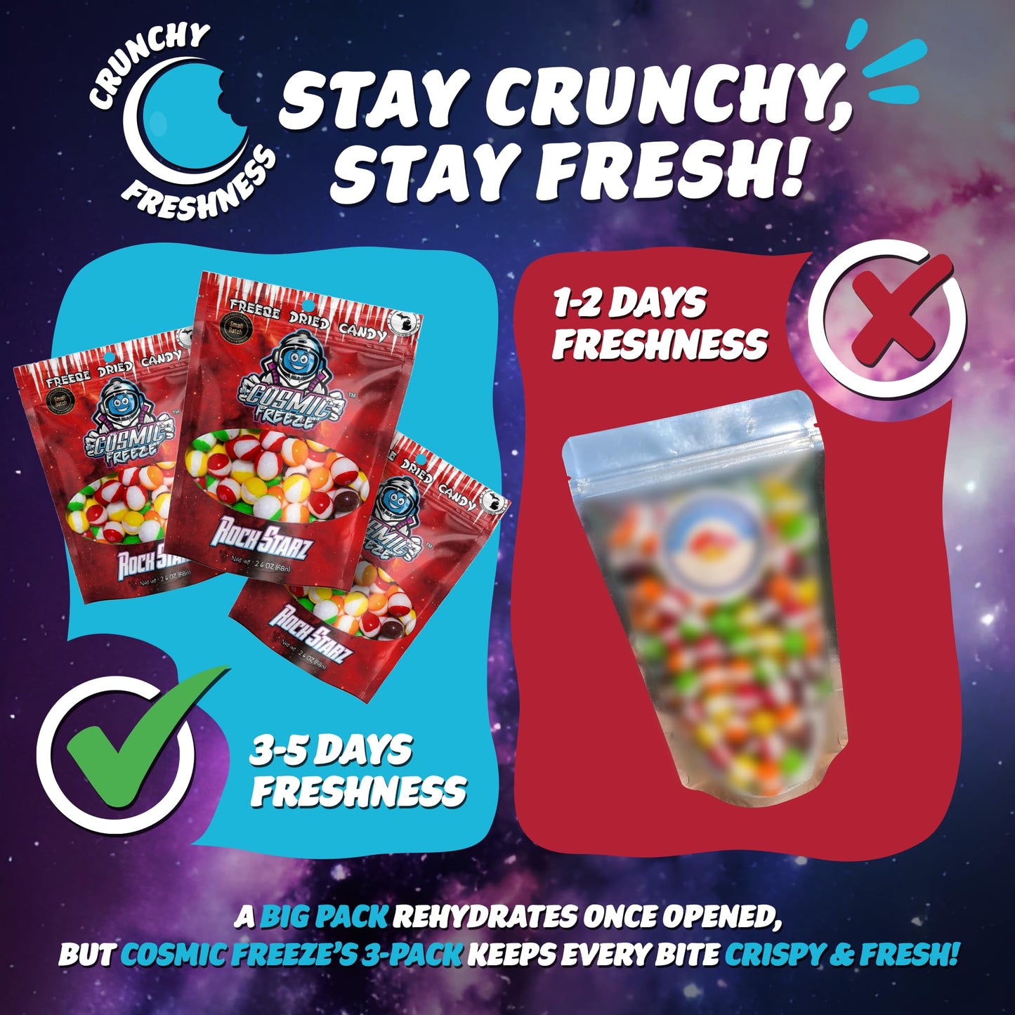 Cosmic Freeze Rock Starz Dried Candy, Crunchy Dry Candy For Mix-In Snacks Dried, Gluten-Free, Made In Usa, 2.4 Oz, 3-Pack