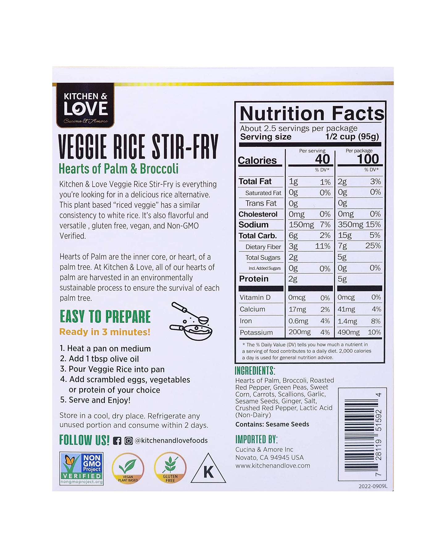 Kitchen & Love Hearts Of Palm Veggie Rice Stir Fry, Low Carb, Low Calories, Plant Based, Non Gmo, Gluten Free Rice Alternative,