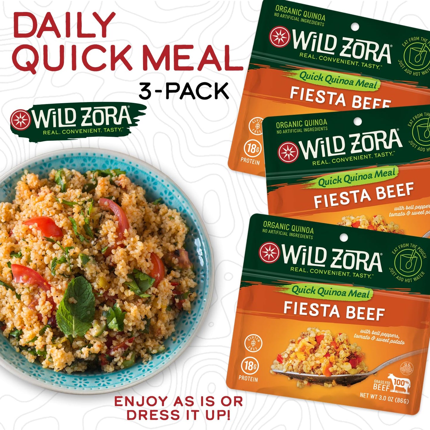 WILD ZORA Instant Organic Quinoa Meals - Fiesta Beef 3-Pack, Gluten-Free Meal with Lentils & Olive Oil Packet