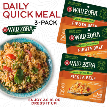 WILD ZORA Instant Organic Quinoa Meals - Fiesta Beef 3-Pack, Gluten-Free Meal with Lentils & Olive Oil Packet