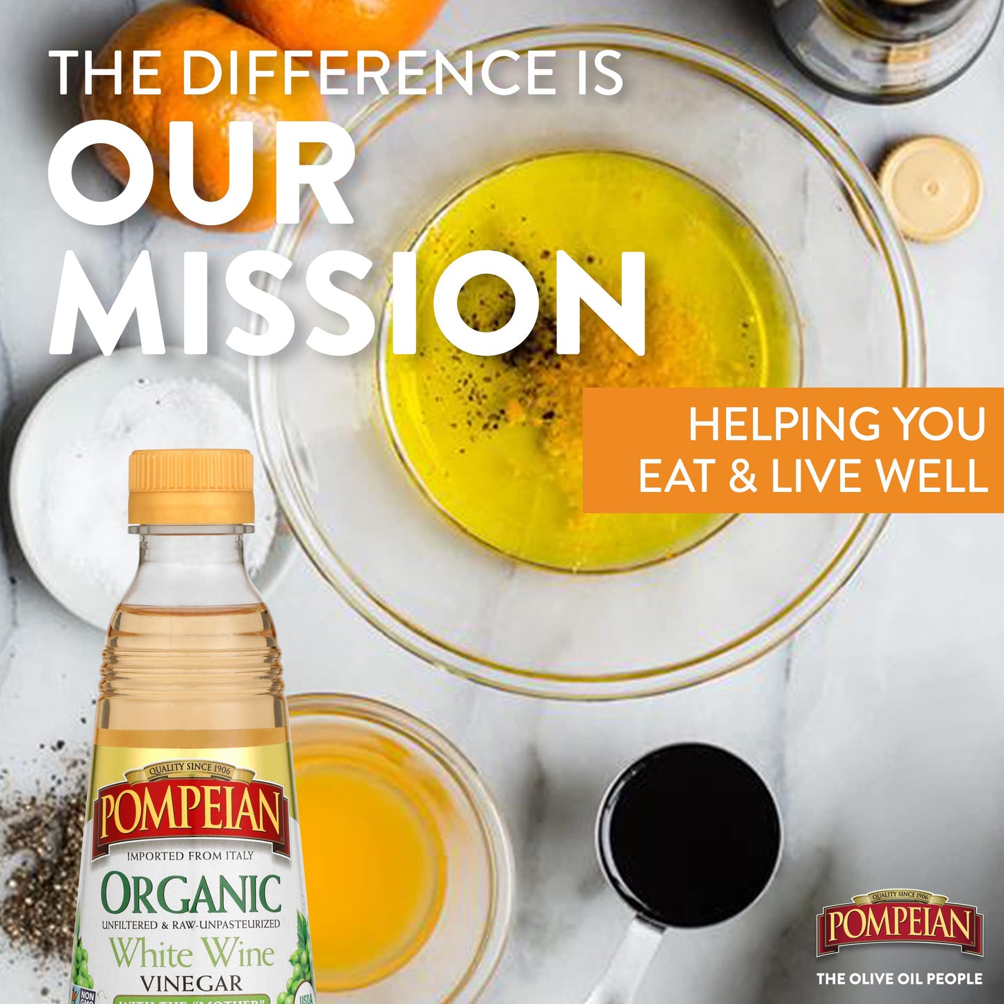 Pompeian Gourmet Organic White Wine Vinegar, Unfiltered, 16 FL OZ, Pack of 6