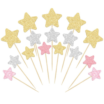Gyufise 42Pcs Star Cupcake Toppers Gold Silver Pink Glitter Assembled Twinkle Star Cupcake Picks Wedding Engagement Bridal Showe