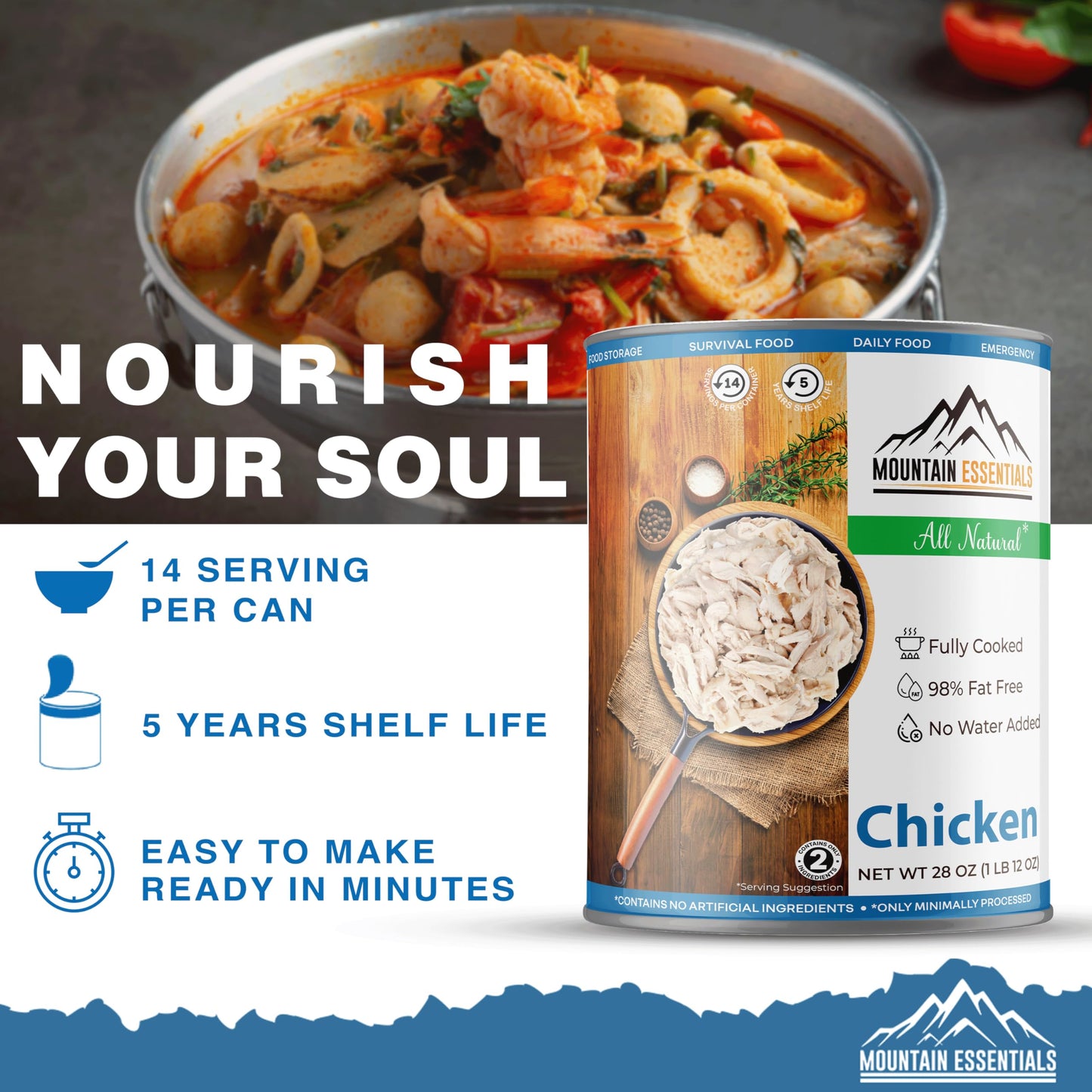 Mountain Essentials All Natural Fully Cooked Chicken 28 Oz Recipe Ready Canned Meat No Water Added | No Carbs | No Preservatives