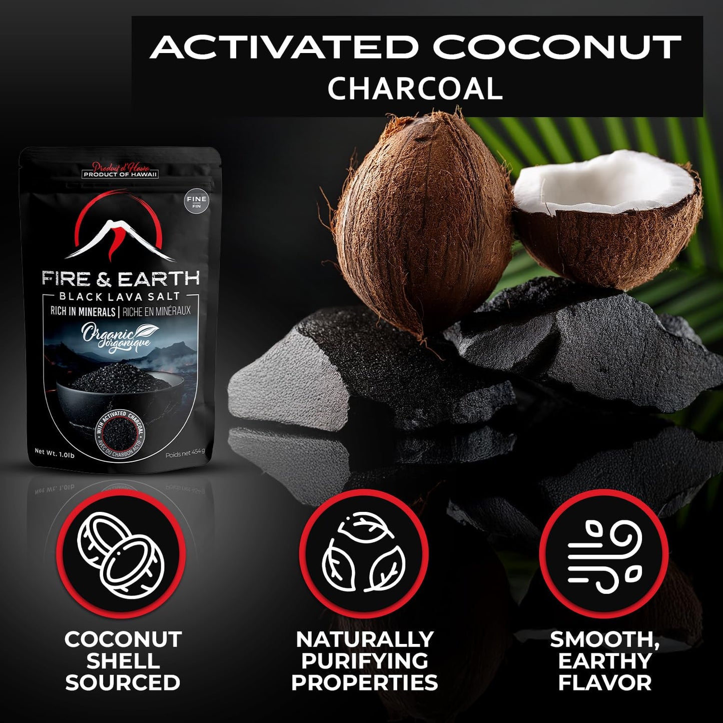 Fire & Earth Organic Black Lava Salt, Fine Grain, 16 Ounce, Gourmet Finishing Salt for Cooking and Seasoning