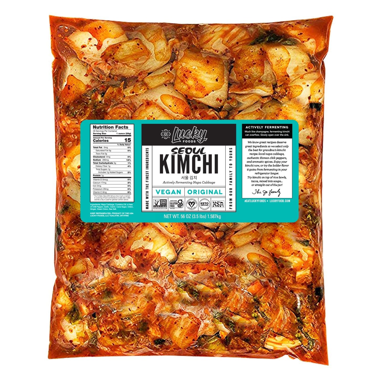 Lucky Foods Seoul Vegan Kimchi, (56oz / 3.5 lbs), Authentic Korean Premium Fermented Napa Cabbage Kimchi (Made in USA) (Pack of 