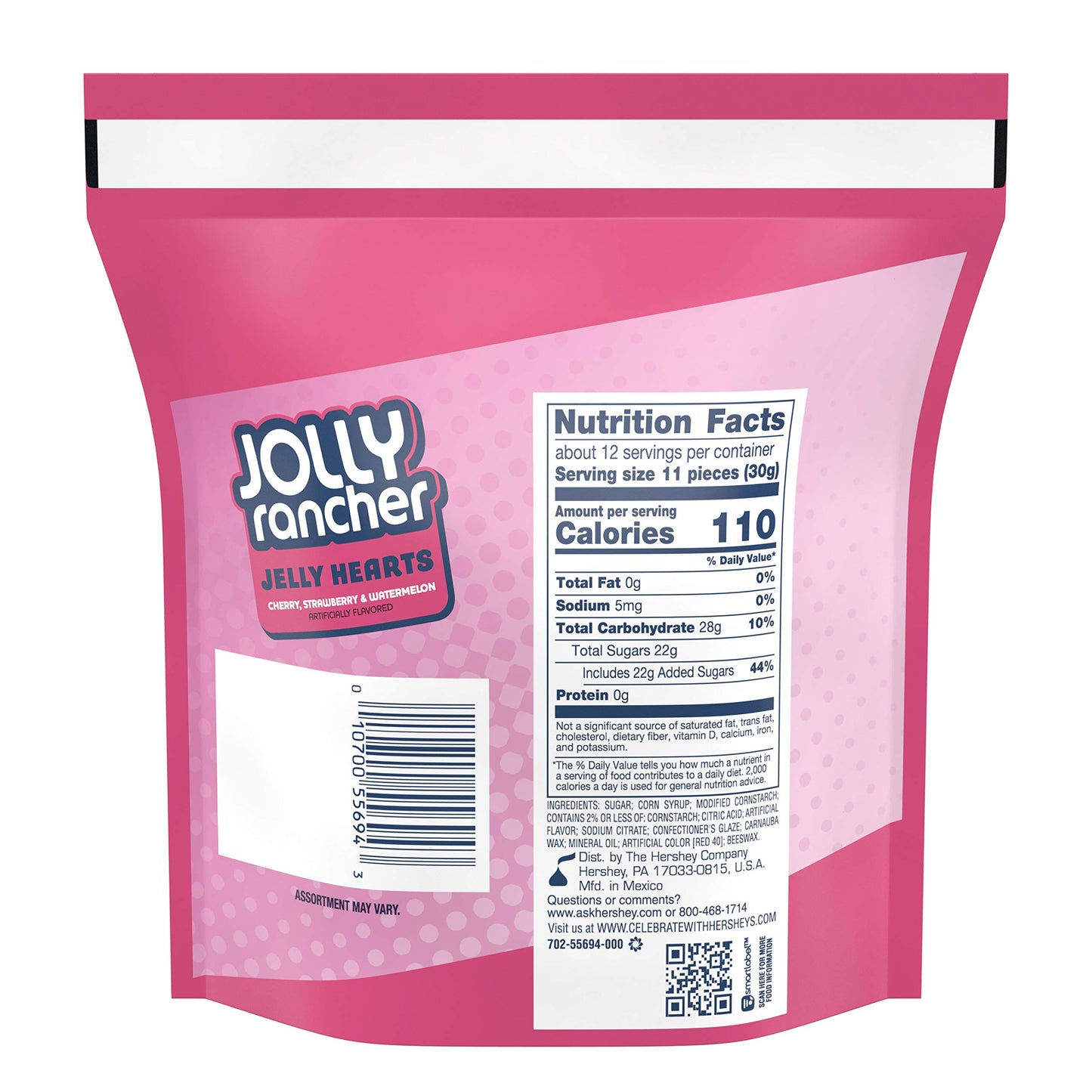 Jolly Rancher (1) Bag Jelly Hearts Valentines Day Candy - Cherry, Strawberry & Watermelon Flavored - Resealable 13 oz Bag