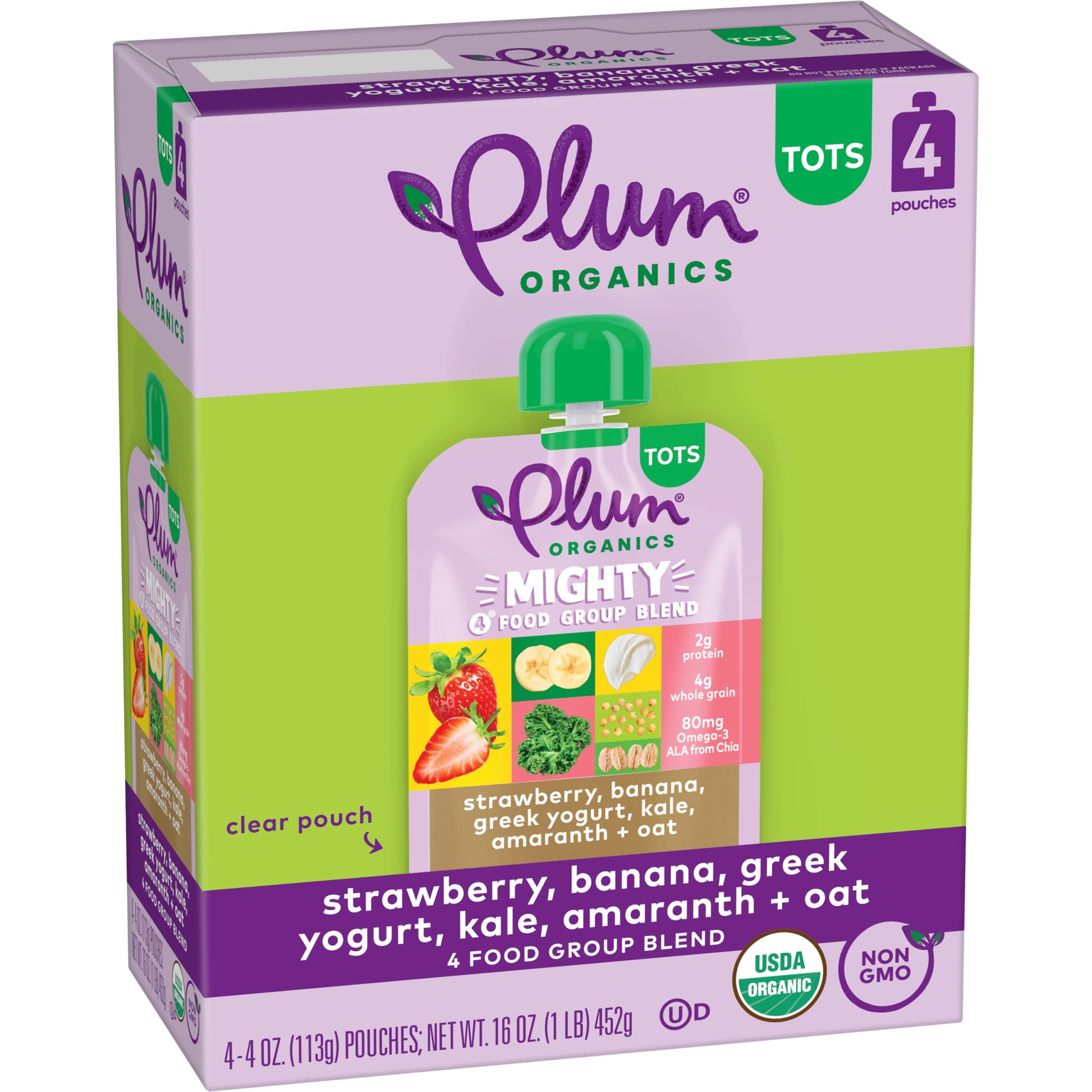 Plum Organics Mighty 4 Organic Toddler Food - Strawberry, Banana, Greek Yogurt, Kale, Amaranth, And Oat - 4 Oz Pouch (Pack Of 4)