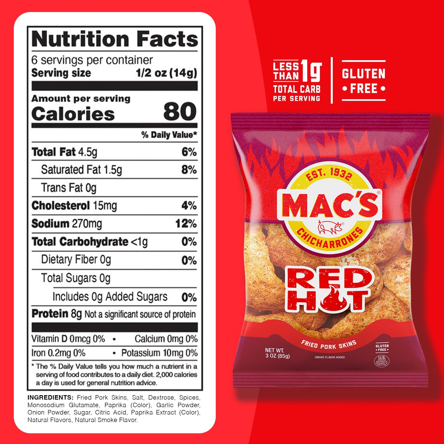 Macs Hot Fried Pork Skins - Hot Flavored Chicharrones Pork Rinds - Low Carb, Gluten-Free, Keto-Friendly Snack- 3oz (12-Pack)