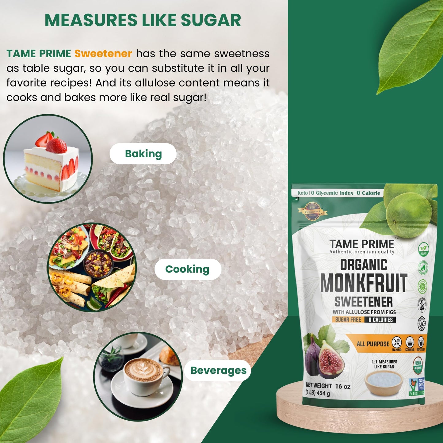 Tame Prime Usda Organic Monkfruit Sweetener With Allulose From Figs, 1 Lb (454 G), 1:1 Sweet Like Sugar, Organic Monk Fruit With